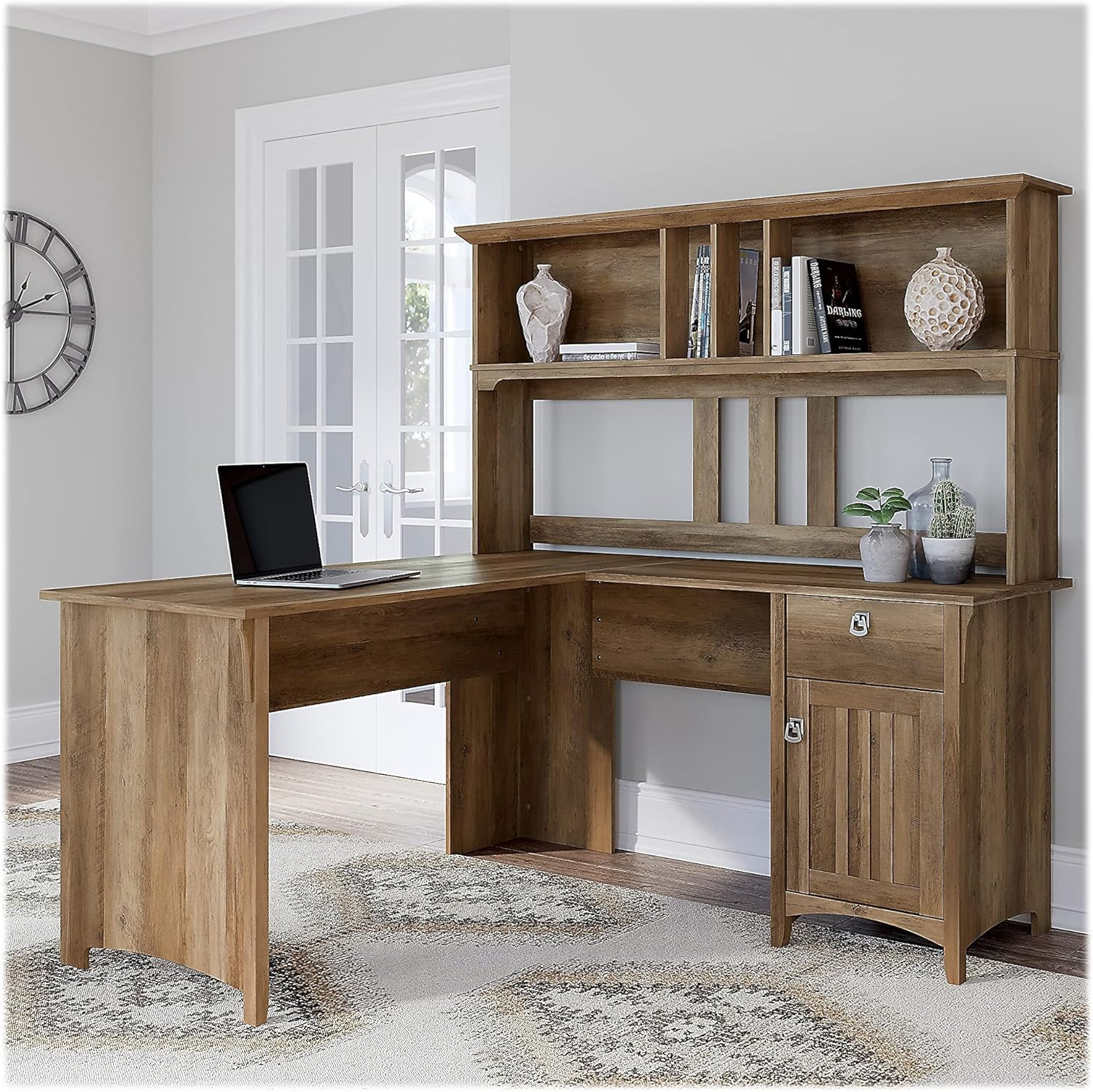 Bush Furniture Salinas Farmhouse 60 in L Shape Desk with Hutch, Box Drawer and Storage Cabinet in Reclaimed Pine (Ships in 2 boxes)