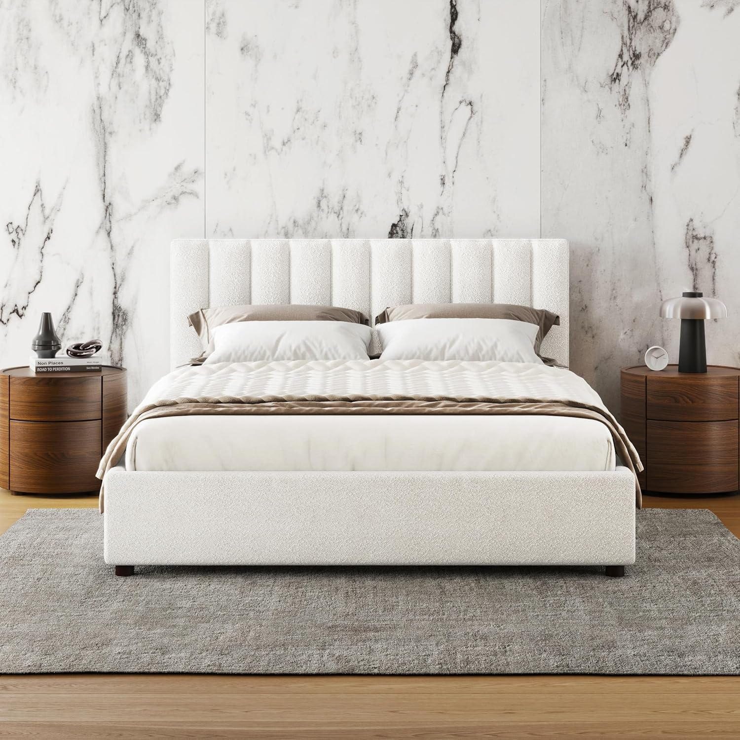 Omax Decor Jaxon Upholstered Platform Queen Bed in White Boucle Fabric