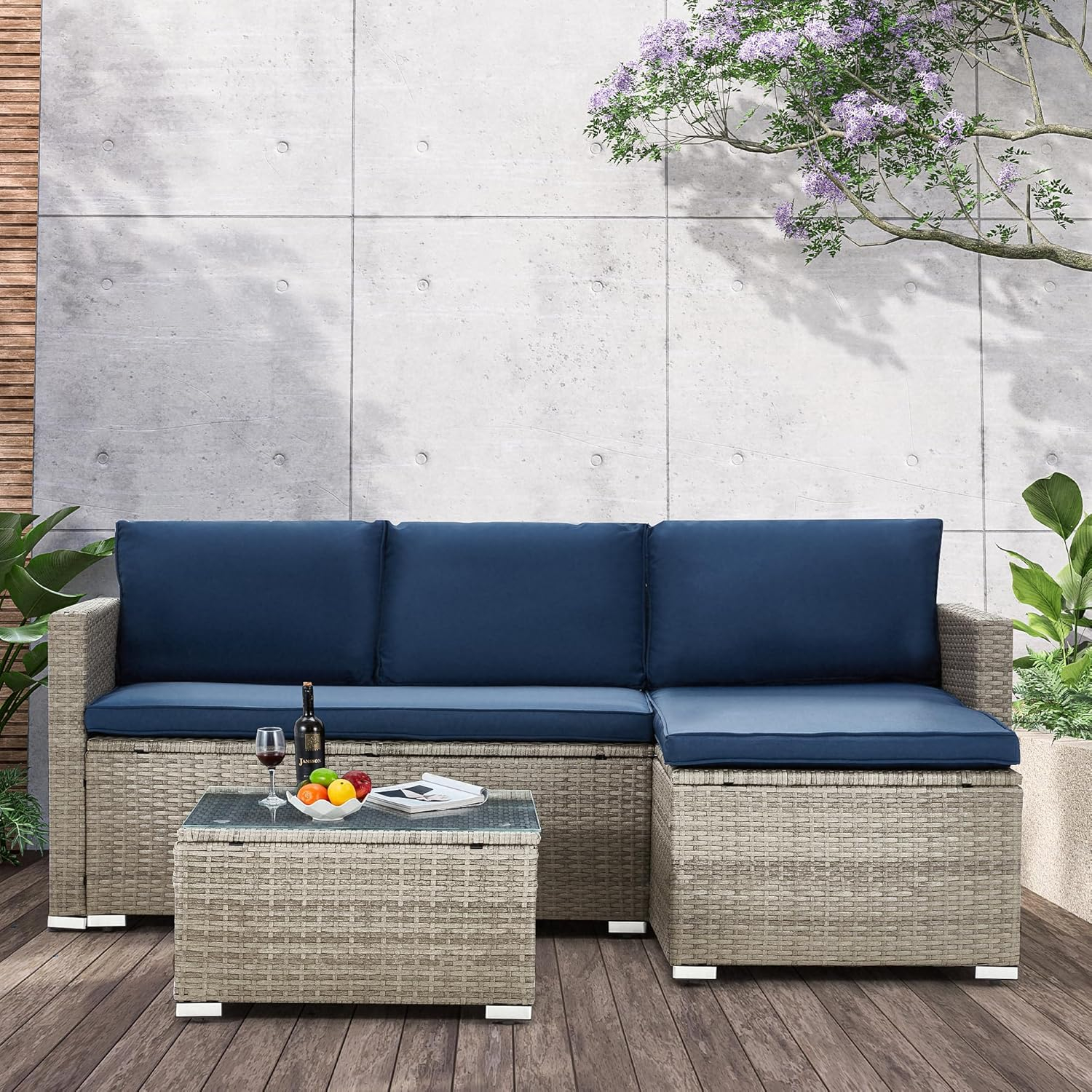 AVAWING Outdoor Patio Furniture Sets, All-Weather Sectional Sofa with Tempered Glass Table, 3 Pieces Patio Wicker Couch with Washable Cushions for Garden, Backyard and Porch （Blue）