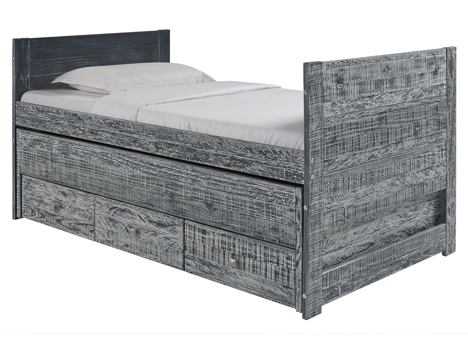 Bedz King All in One Twin Bed with Trundle and 3 Built in Drawers, Weathered Black