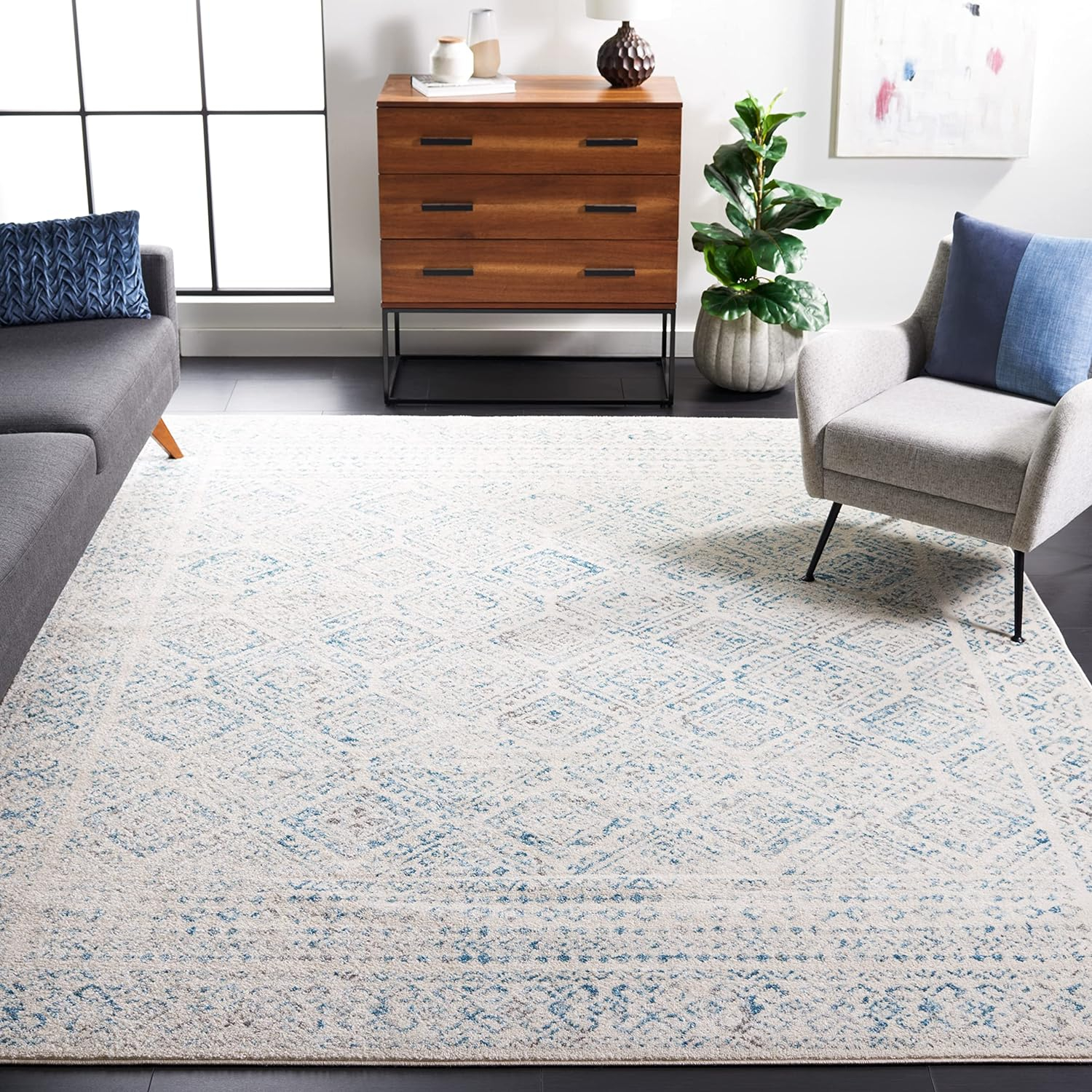 SAFAVIEH Tulum Ophelia Bordered Geometric Area Rug, 9' x 12', Ivory/Turquoise