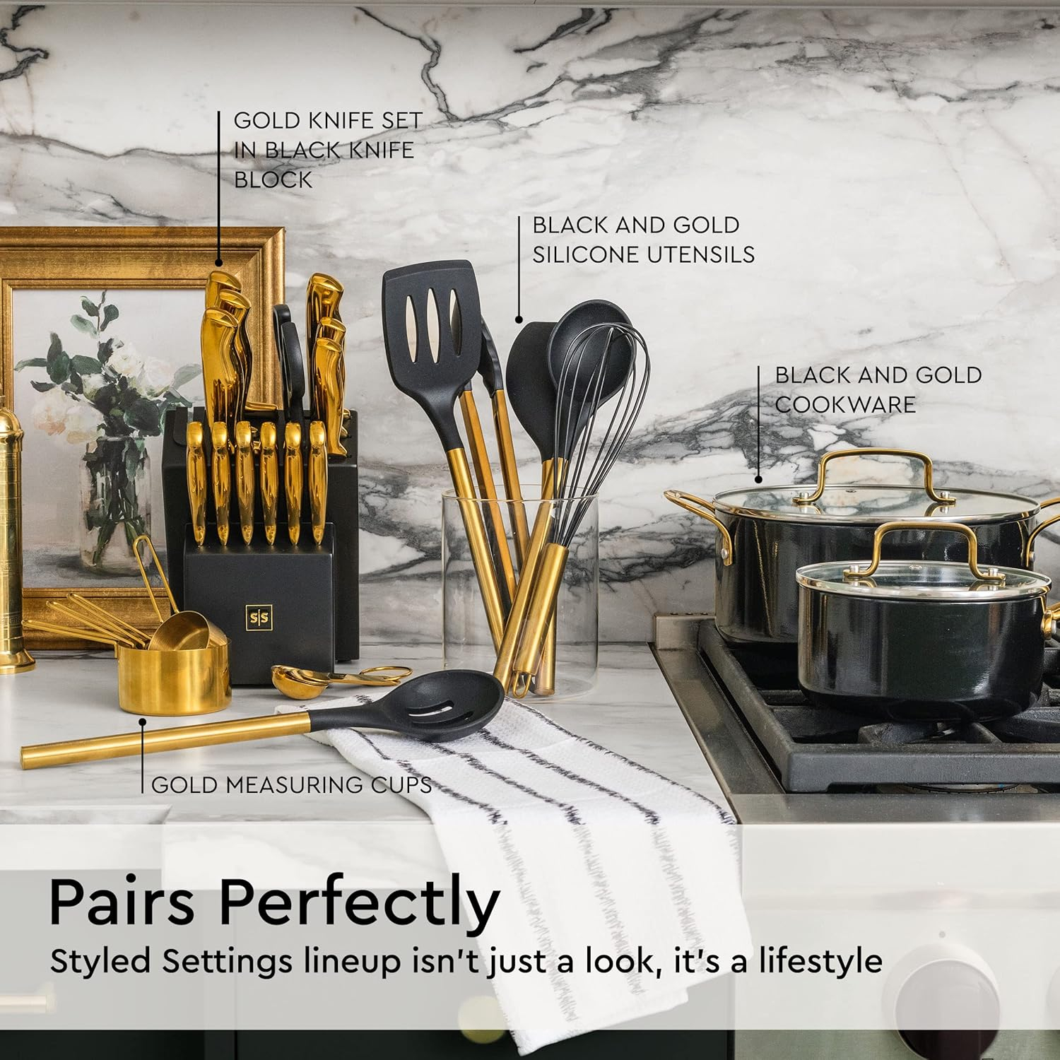 Black and Gold Kitchen Utensils Set 6PC Black Silicone Utensils Set Includes: Gold Tongs, Gold Whisk, Gold Serving Spoon, Gold Spatula & Turner-Black and Gold Kitchen Accessories & Gold Kitchen Decor