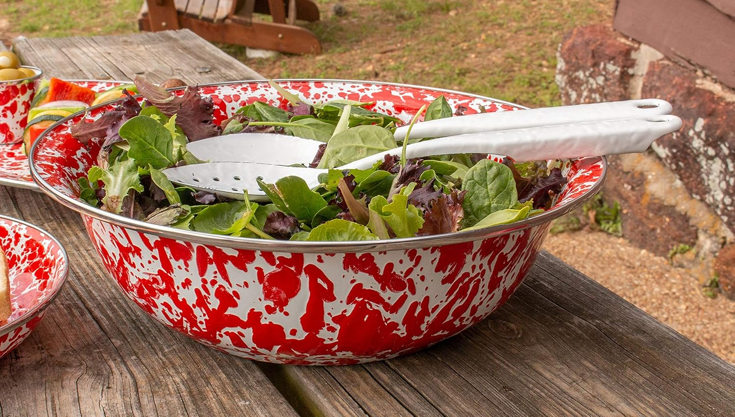 Red Swirl Ceramic Round Serving Bowl with Stainless Steel Rim