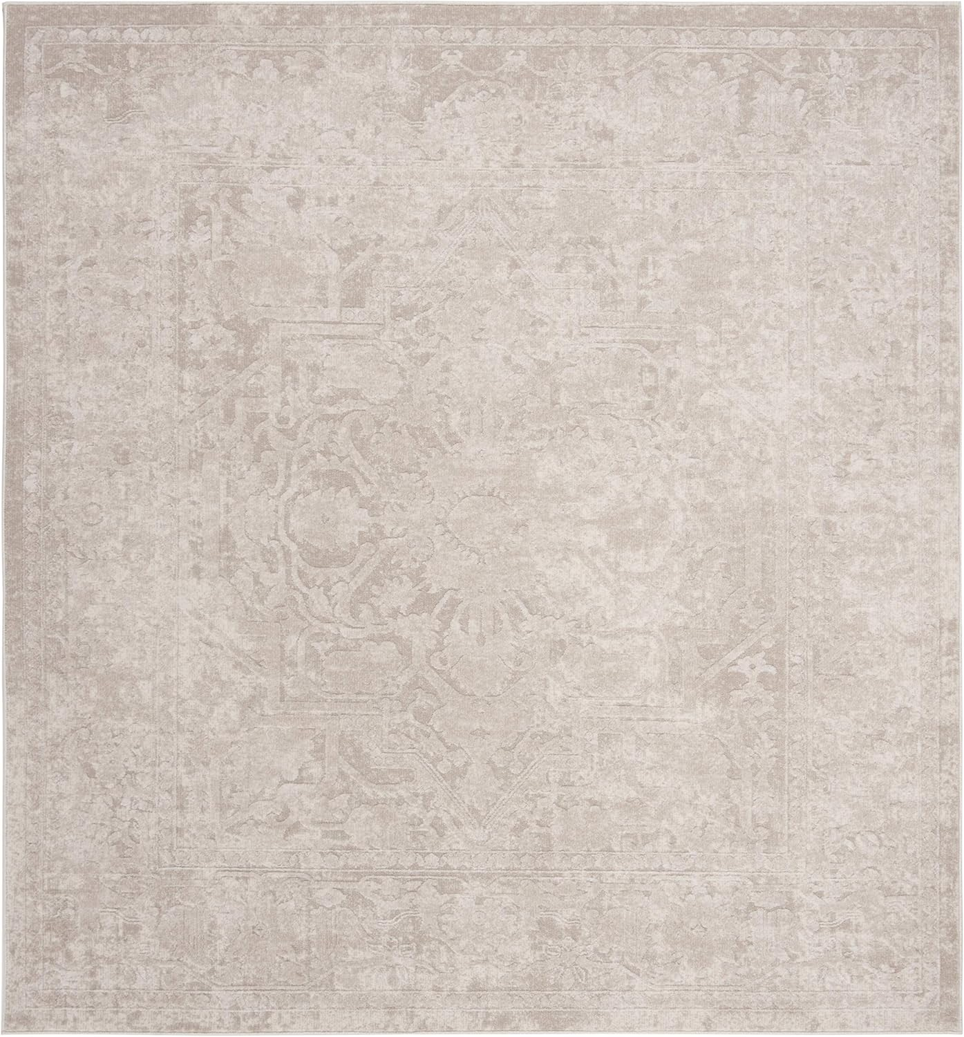 Elegant Ivory Floral 5' Square Synthetic Easy-Care Rug