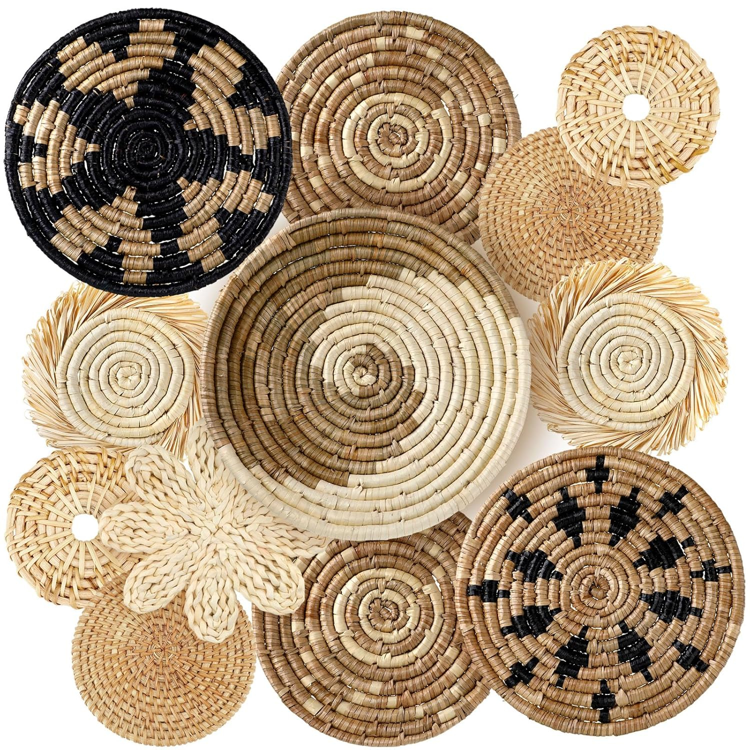 Tatuo 11 Pcs Boho Wall Basket Decor Decorative Bulrush Woven Basket Wall Decor Art Round Farmhouse Hanging Baskets for Kitchen Rustic Home Summer Decorations, Multi Sizes(Retro)