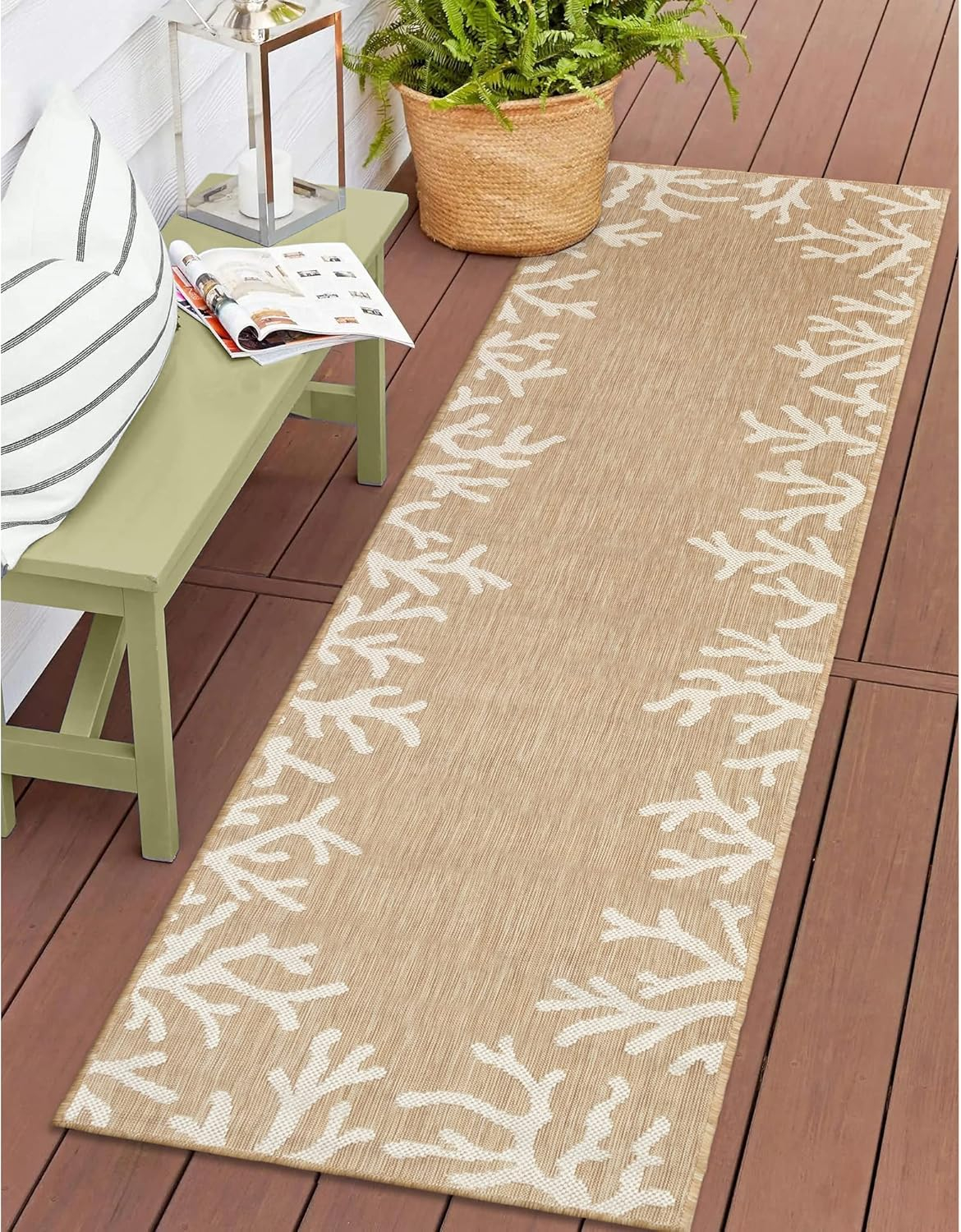 Liora Manne Carmel Indoor/Outdoor Power Loomed Synthetic Blend Low Profile Area Rug - Transitional Border Coastal Ocean Decorative (Coral Border Sand) (1'11" x 7'6")