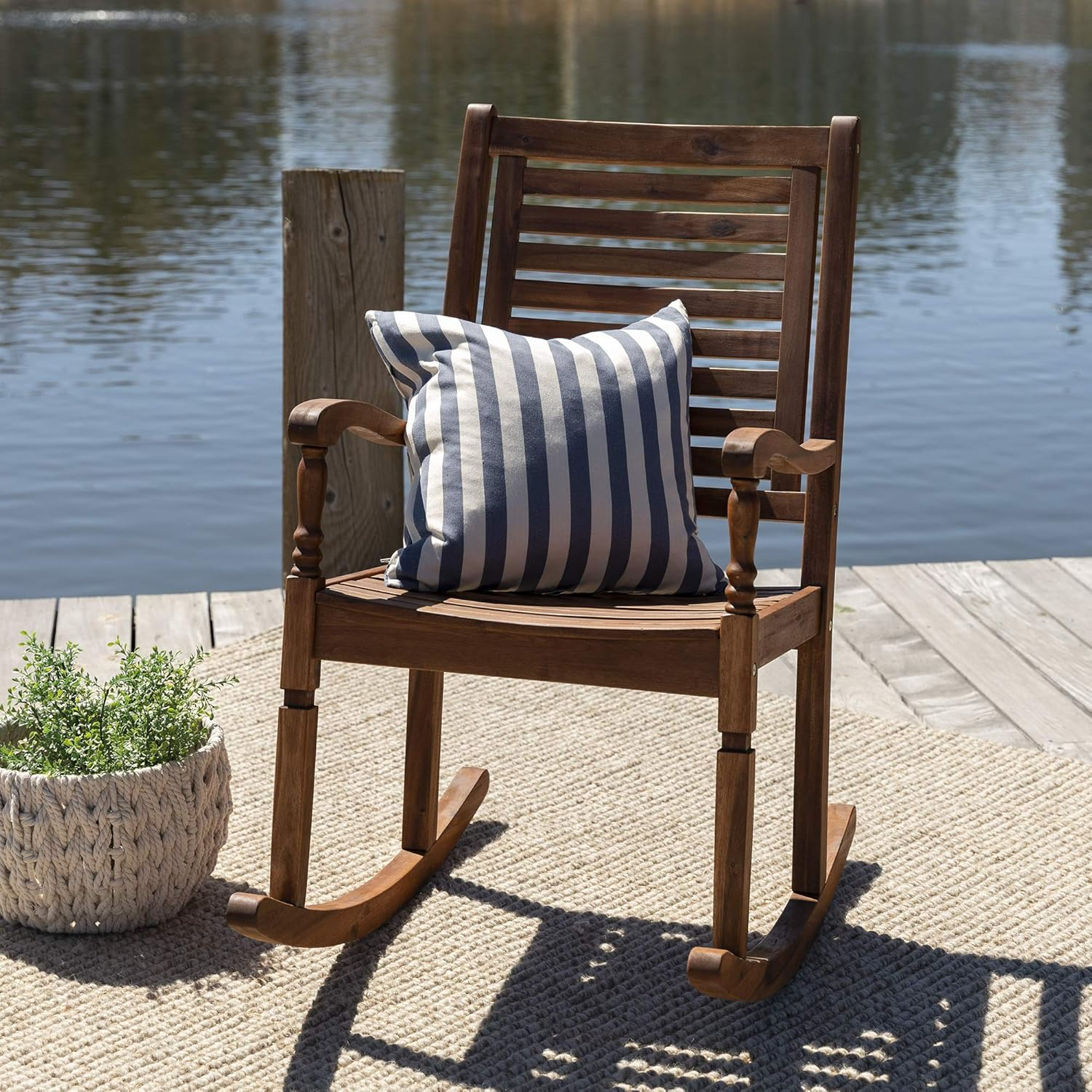 Walker Edison Solid Wood Outdoor Patio Rocking Chair, Dark Brown