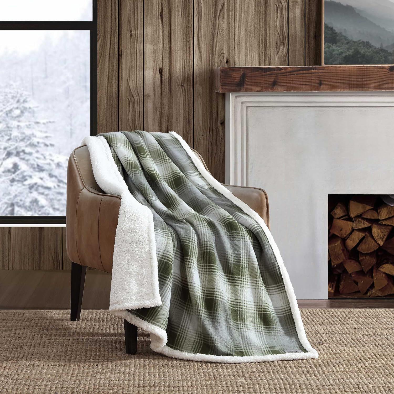 Eddie Bauer - Throw Blanket, Brushed Fleece Bedding with Sherpa Reverse, Soft & Cozy Plaid Home Decor for Bed or Couch (Nordic Plaid Green, Throw)