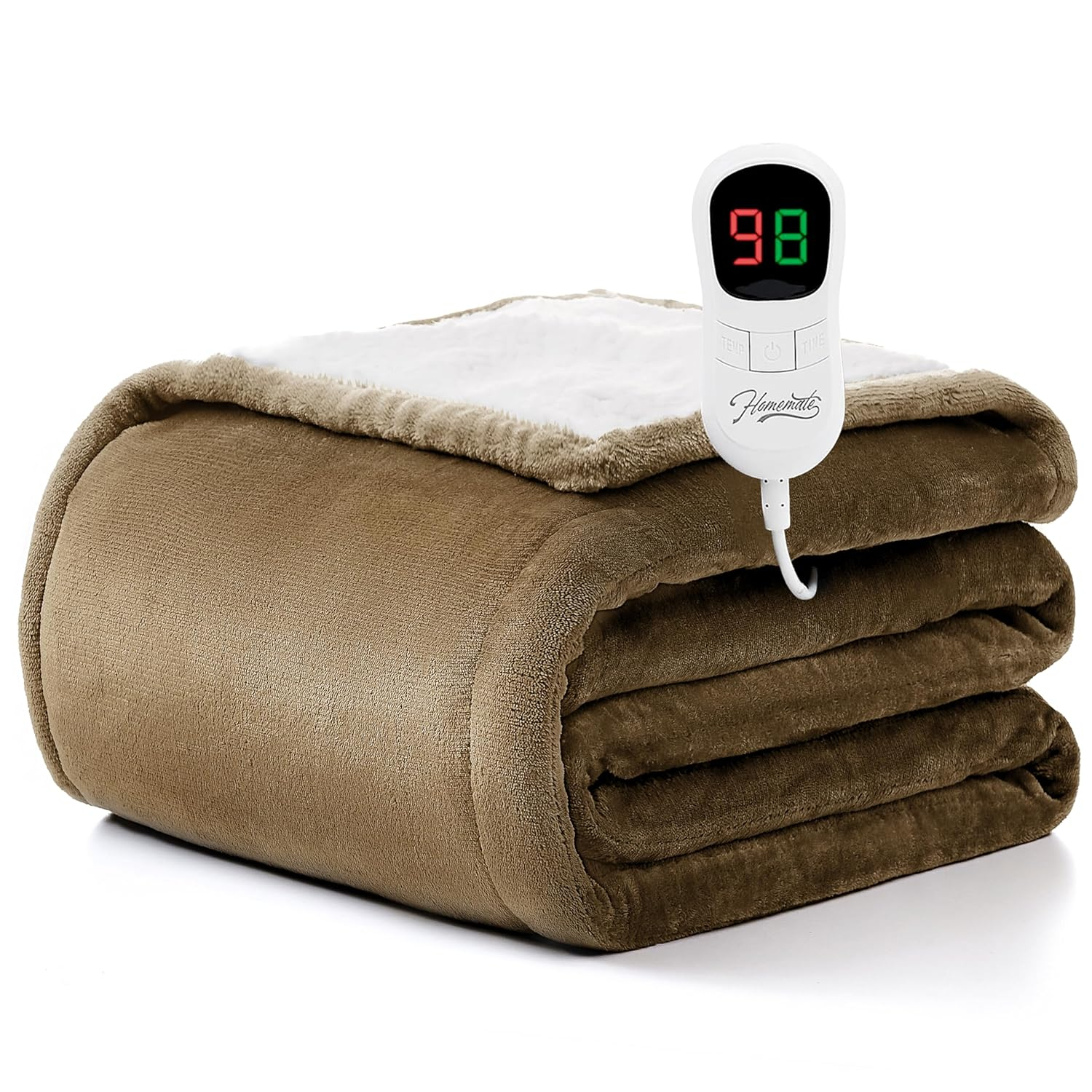 Homemate Electric Heated Blanket Throw - 50"x60" Heating Blanket Throw Size 1/2/4/6/8 Hours Auto-off 10 Heat Level Heat Blanket Over-heat Protection Flannel Sherpa Big Heater Blanket ETL Certification