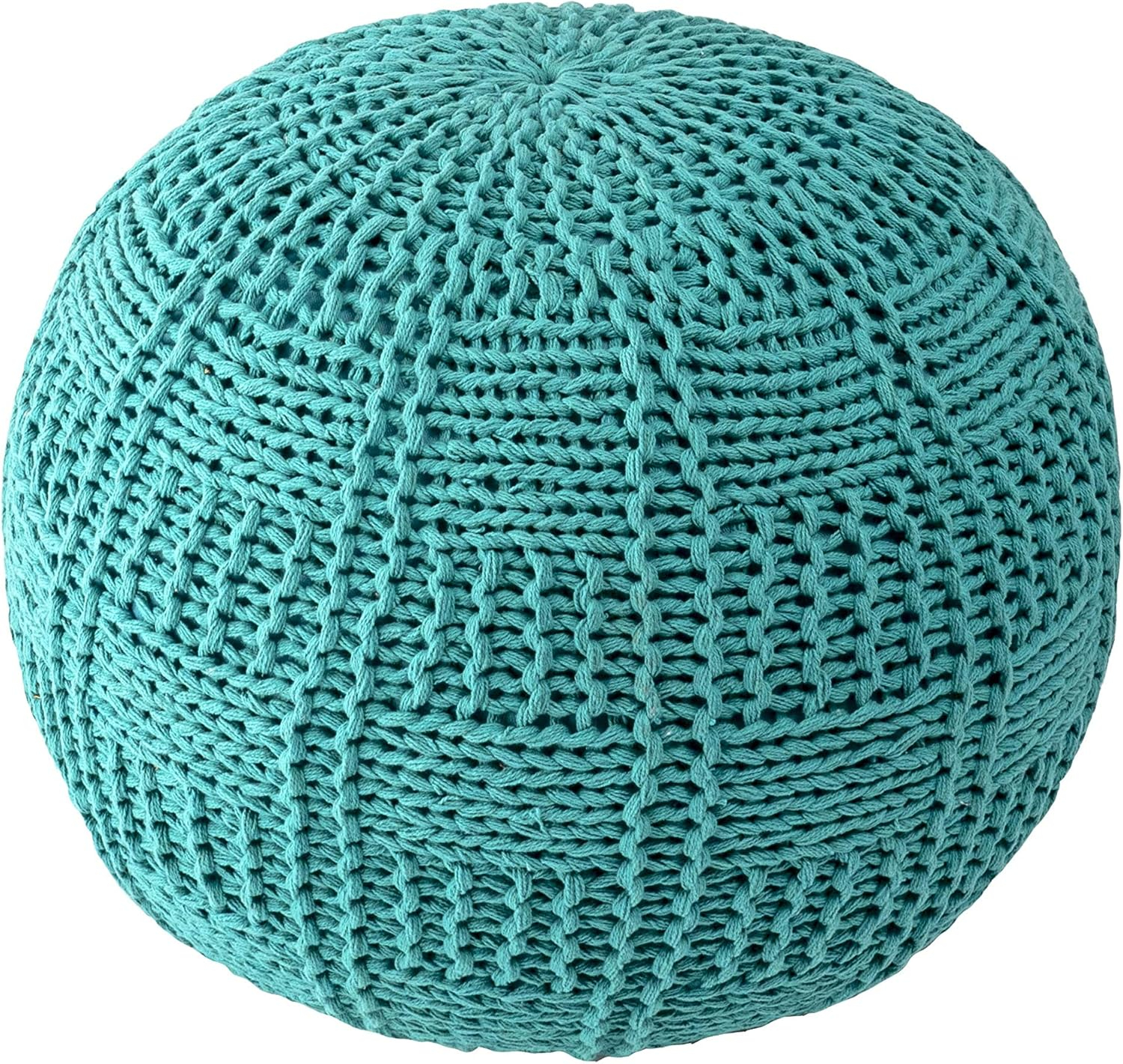 Teal Knitted Cotton Round Pouf Ottoman