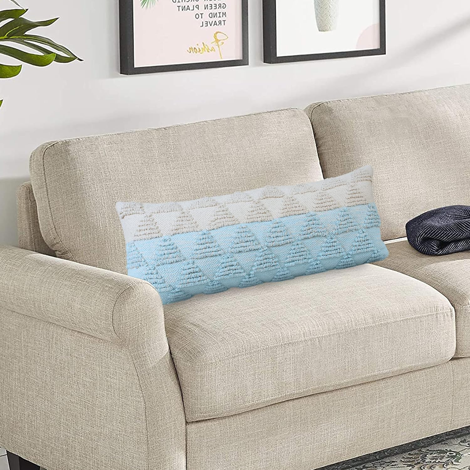 Ox Bay 14" x 36" Hand-Woven Blue/ White Geometric Organic Cotton Pillow Cover