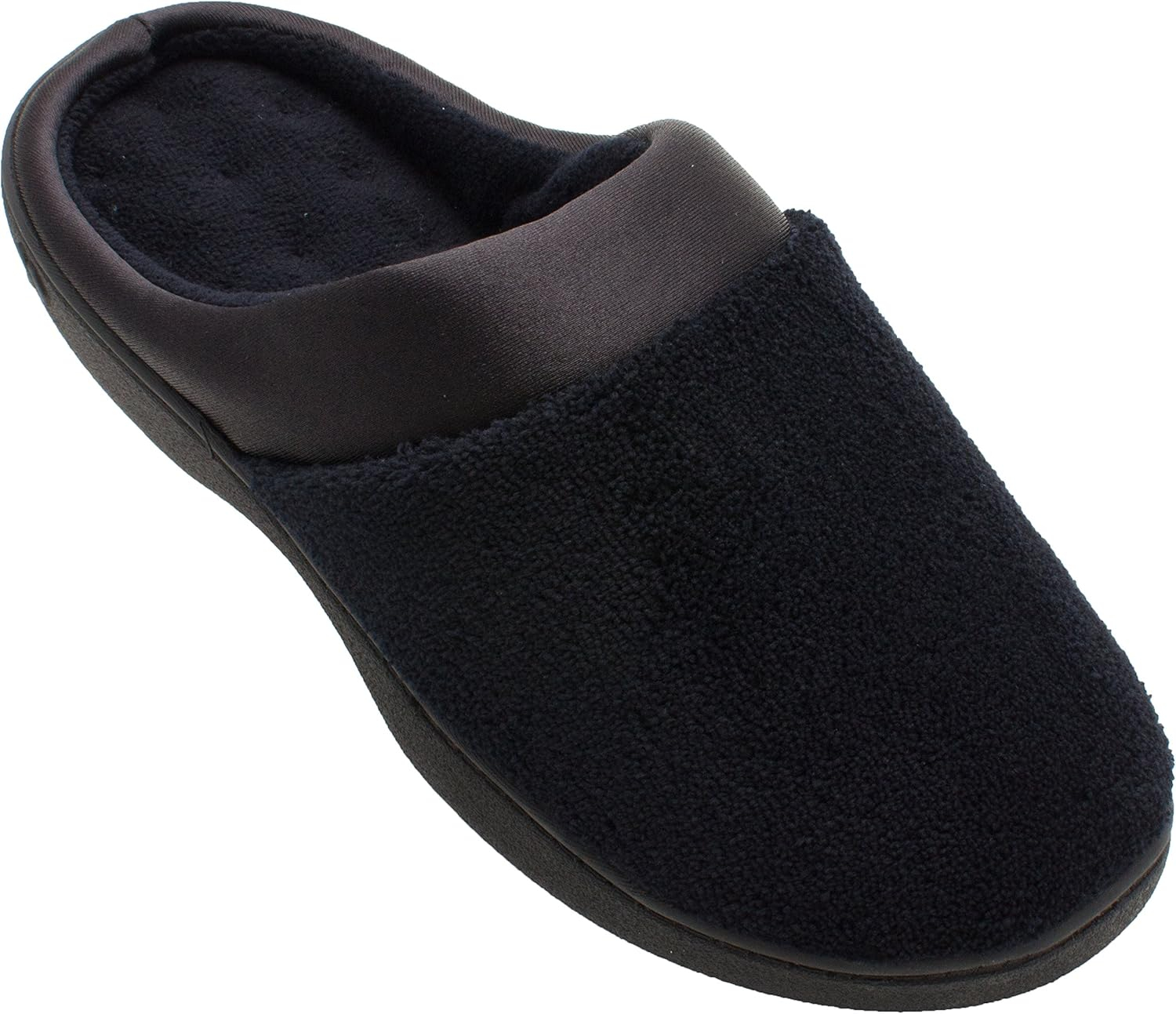 Isotoner Women's Terry and Satin Slip on Cushioned Slipper with Memory Foam for Indoor/Outdoor Comfort Flat Sandals BLK-8/9