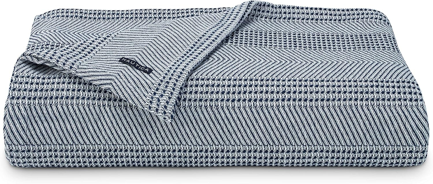 Navy and White Chevron Stripe Cotton Twin Blanket