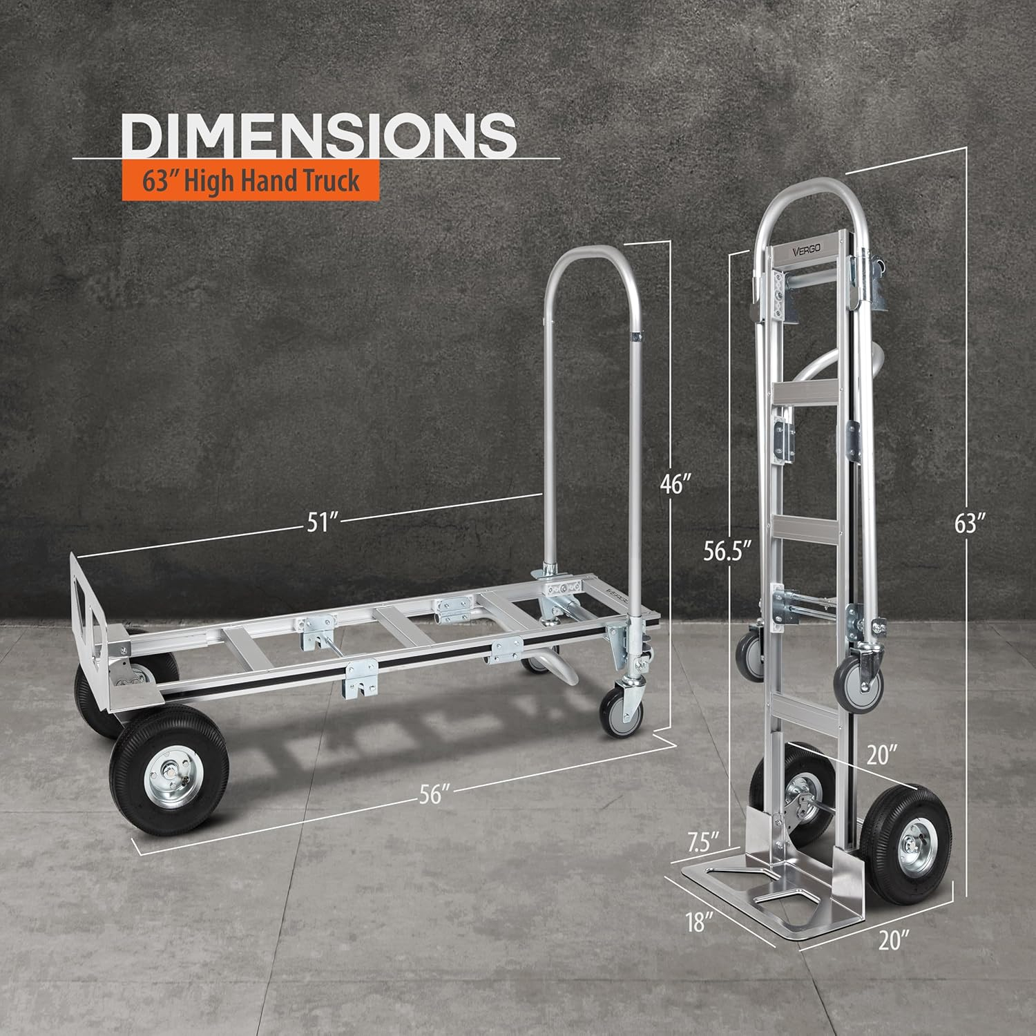Vergo Industrial AS7B Aluminum Convertible Hand Truck Dolly Cart with Loop Handle 800 lbs Capacity (2 Positions, 63" High)