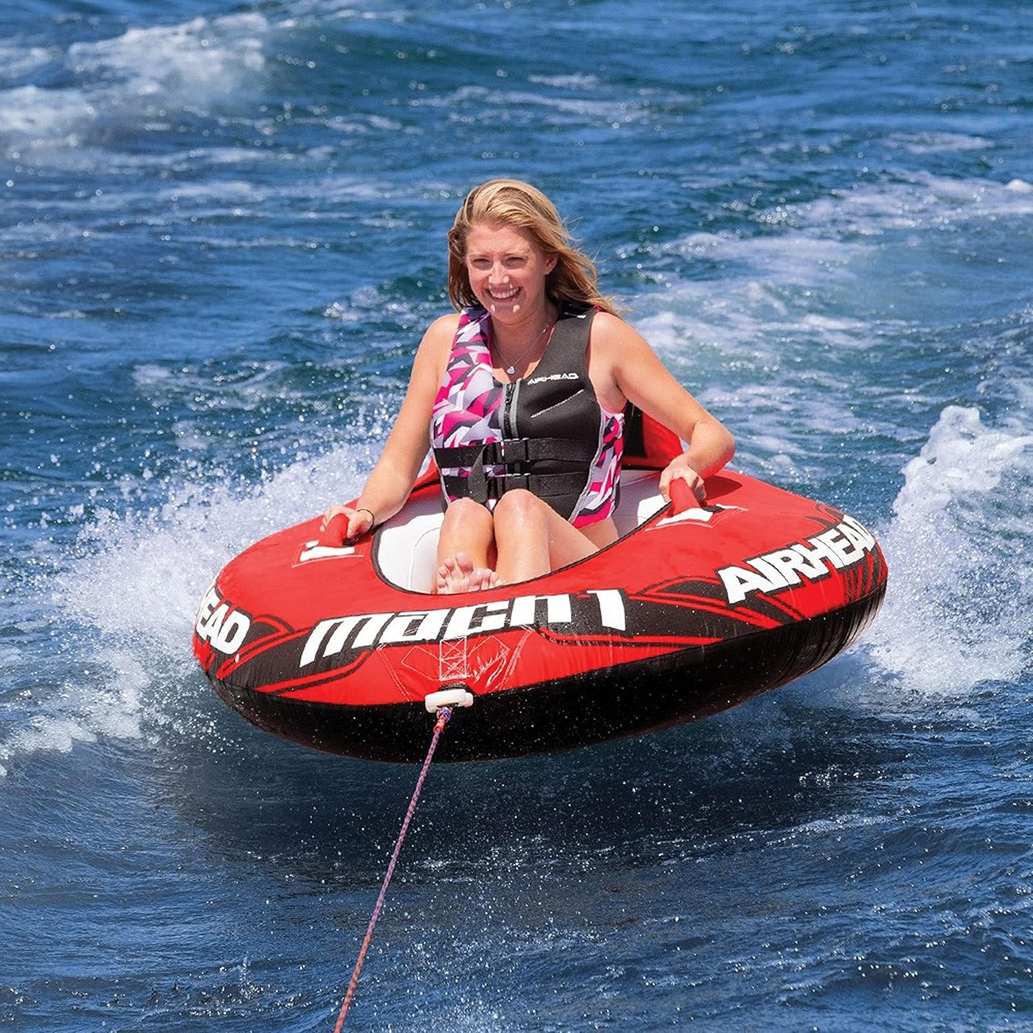 Airhead Mach 1 Inflatable Single Rider Towable Lake, Ocean, or River Water Tube Float with Secure Holding Handles and Boston Valve, Red