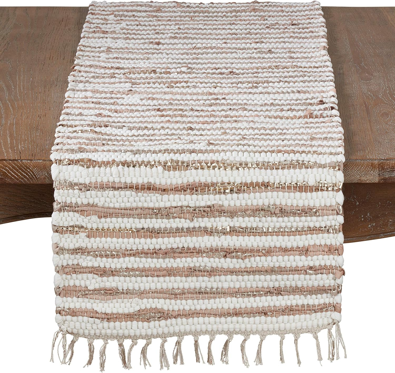 Saro Lifestyle Leather And Cotton Woven Chindi Table Runner Gold