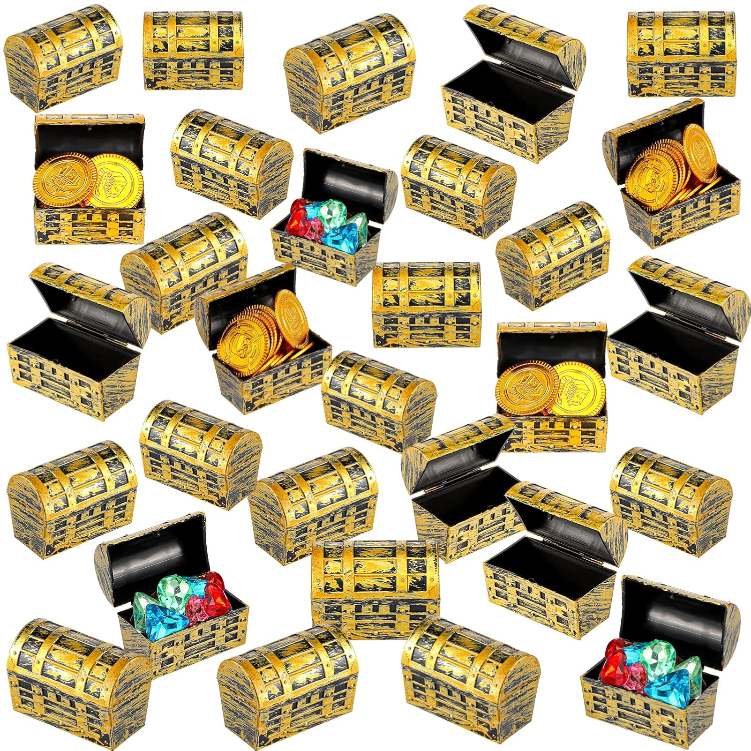 32 Pieces Mini Pirate Treasure Chests 2.3 Inch Plastic Treasure Chests with a Gold Finish Vintage Pirate Jewelry Box for Halloween Birthday Christmas Party Favors Trinkets Supplies for Boys Girls