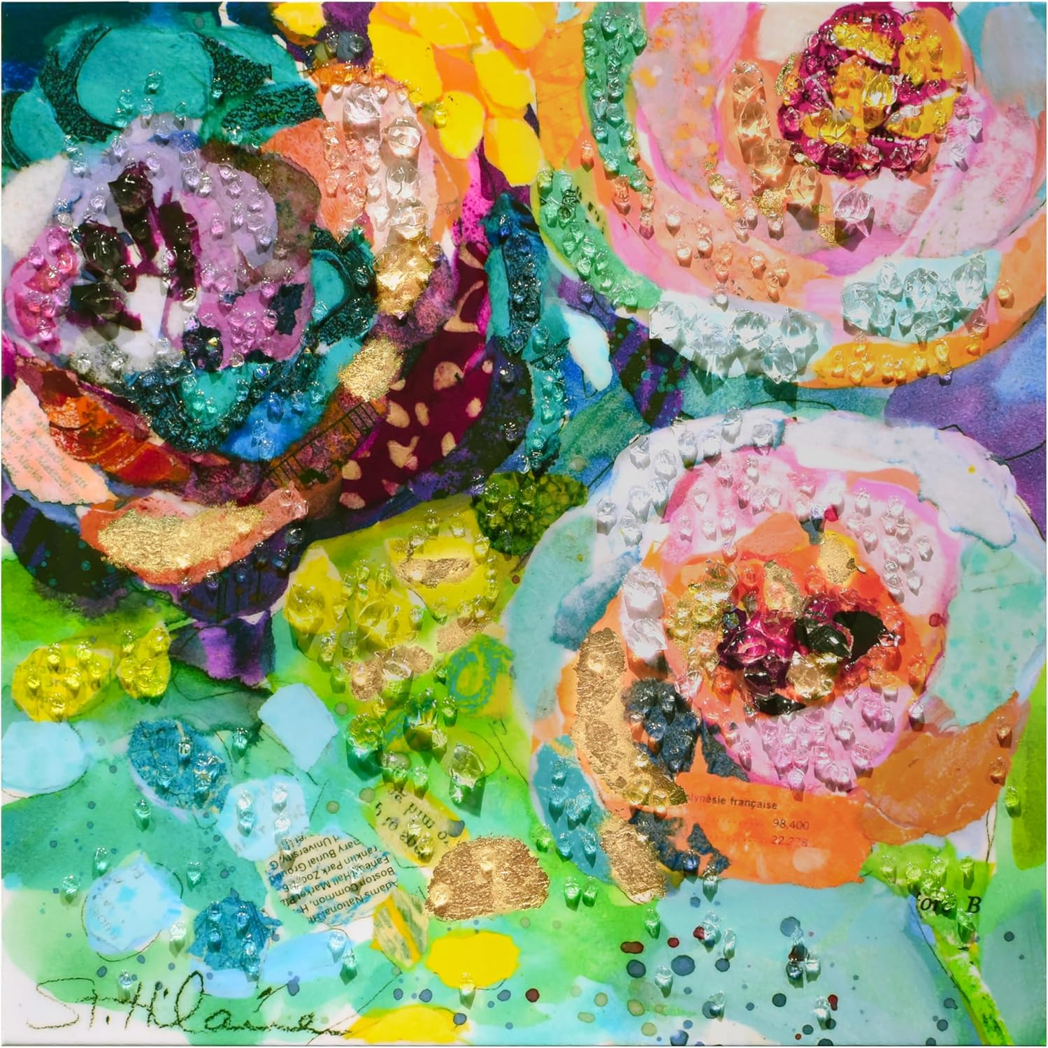 "Floral Radiance I" Crystallus Epoxy Coated Wrapped Glossy Canvas Wall Art with Heavy Acrylic Crystal Shards Embellishments,