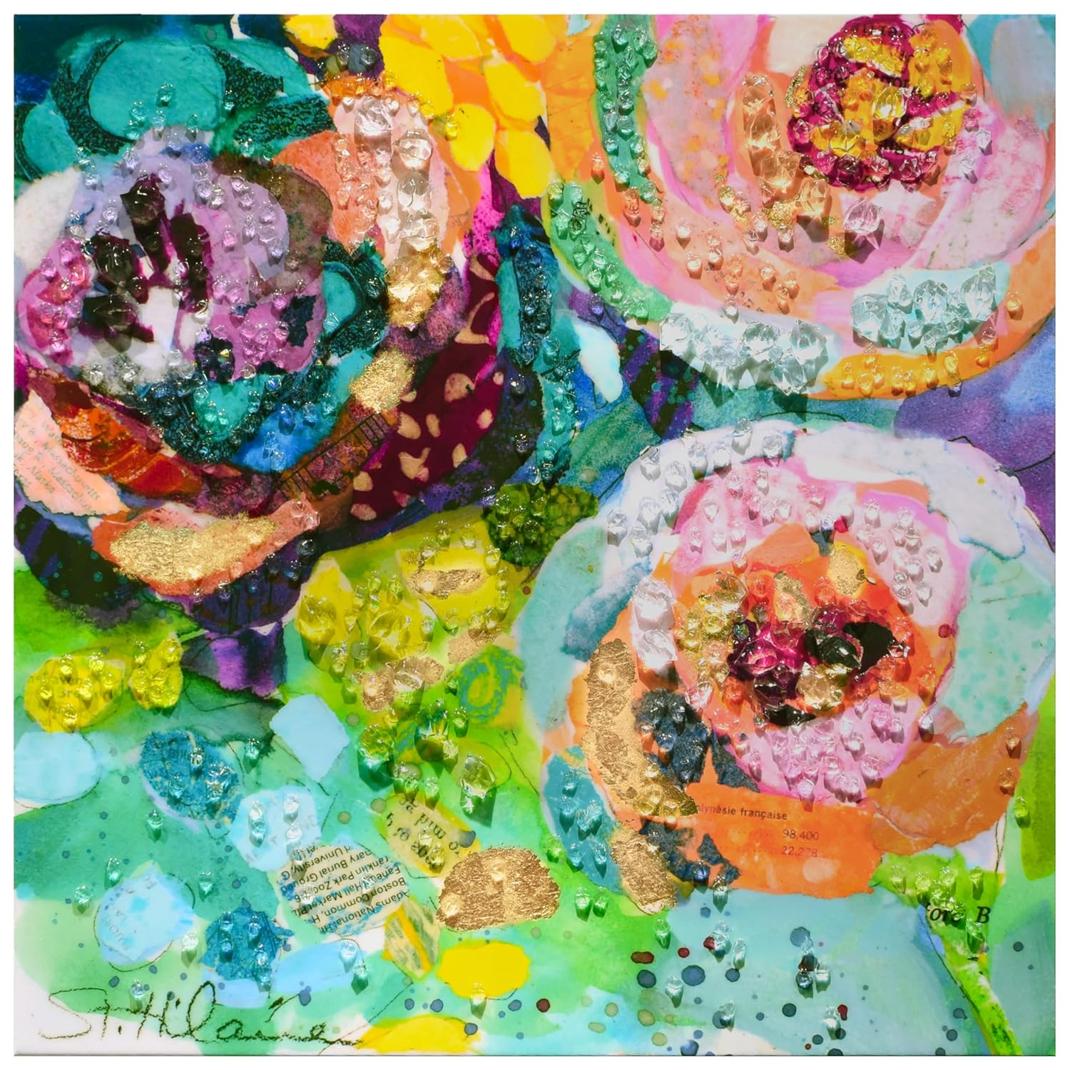 "Floral Radiance I" Crystallus Epoxy Coated Wrapped Glossy Canvas Wall Art with Heavy Acrylic Crystal Shards Embellishments,