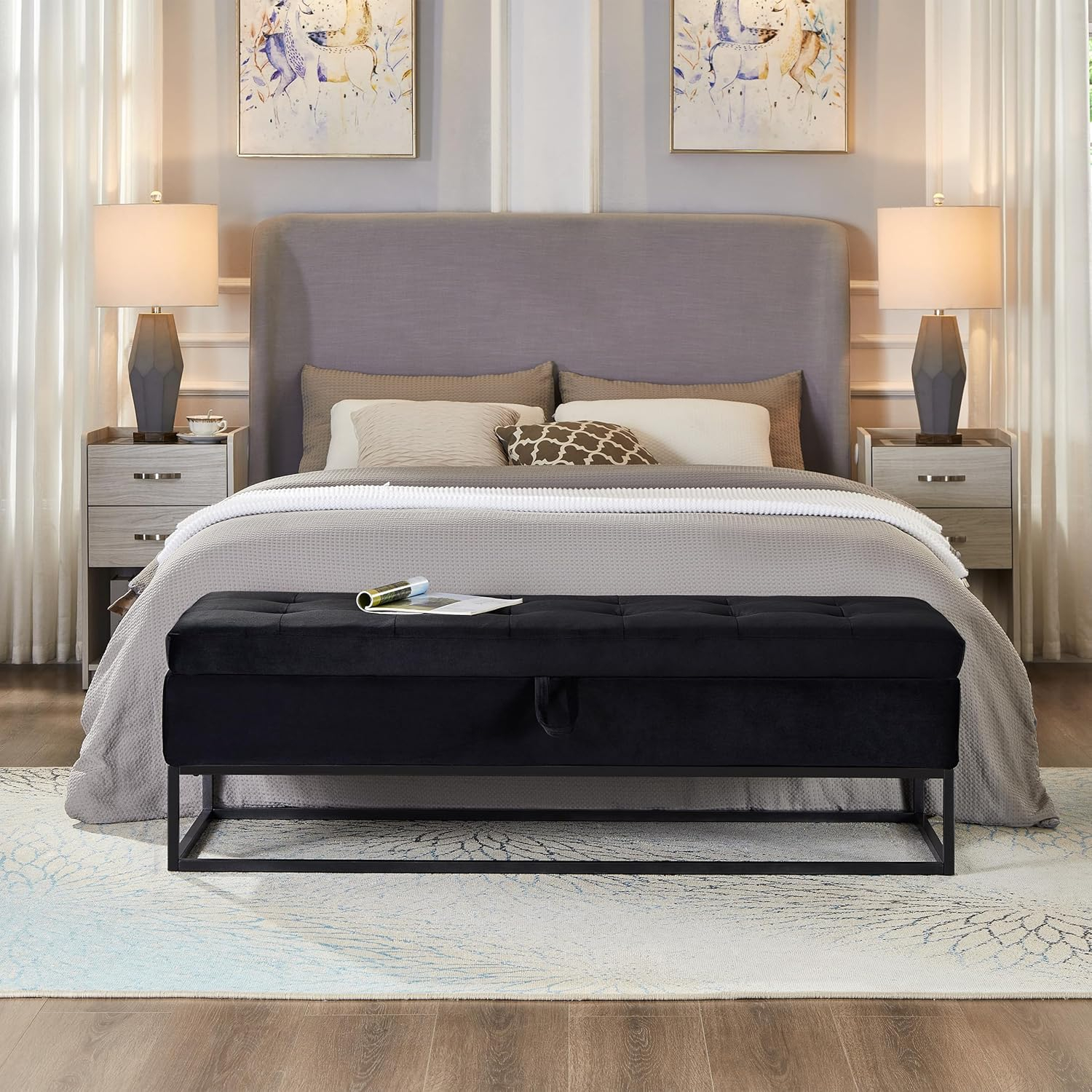 58.6" End of Bed Bench, Storage Bench with Metal Base Holds up to 500 lbs, Button Tufting Design Velvet Upholstered Bedroom Bench for End of Bed, Livingroom, Entryway, Window, Black