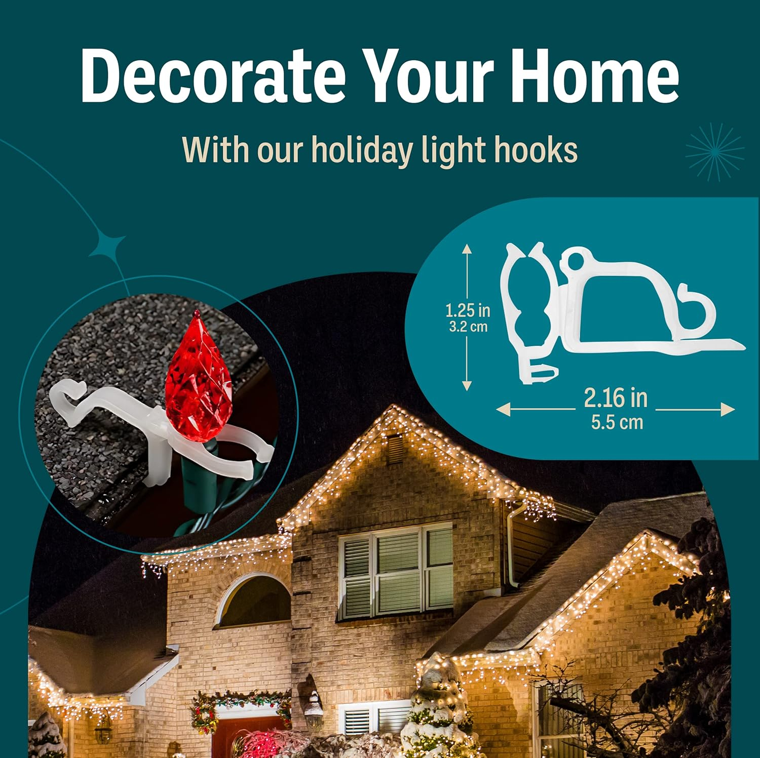 Holiday Joy Christmas Light Clips - Pack of 200 Clear, All-Purpose Gutter Hooks for Outdoor String Lights and Decorations