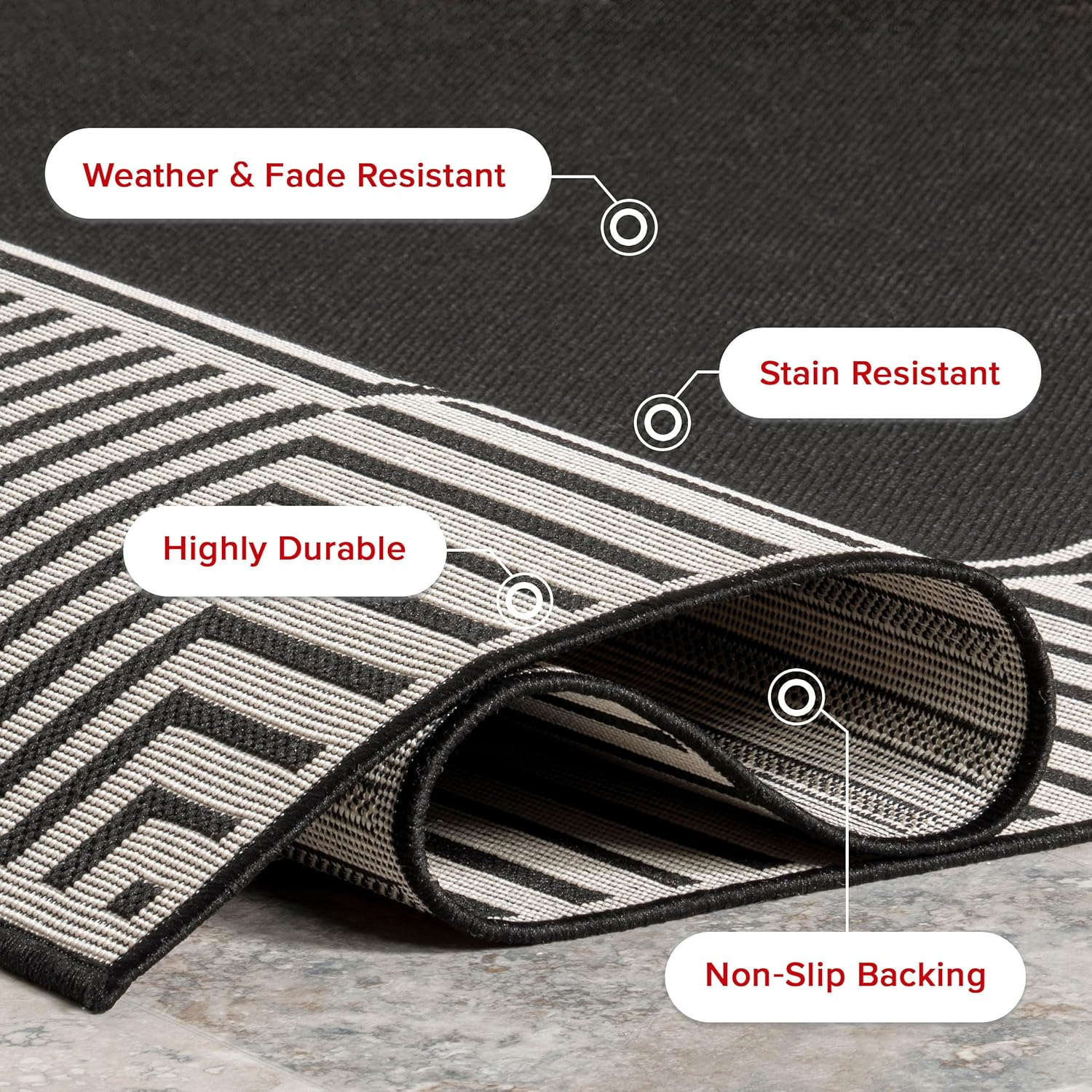 Black and Beige Striped Synthetic 4' x 6' Outdoor Area Rug