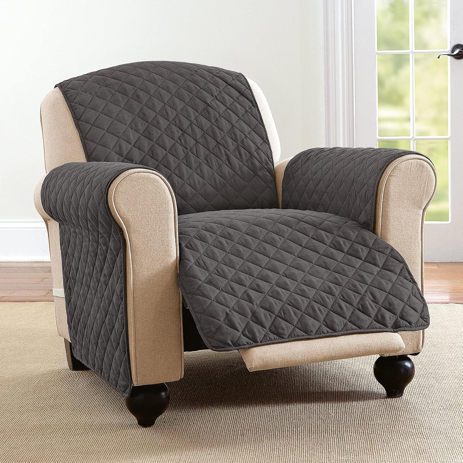 Collections Etc Reversible Spill Resistant Quilted Furniture Protector Cover with Ties - Covers Seat Bottom, Seat Back and 2 Seat Arms, Slate Grey/Silv, Recliner