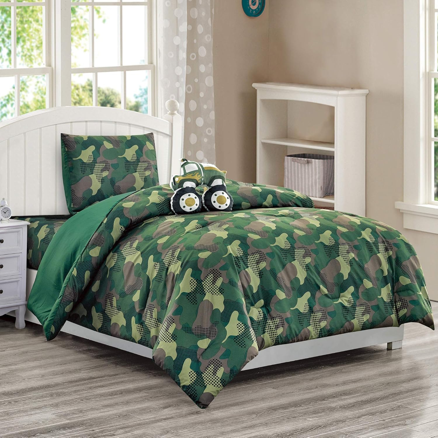 WPM Twin Camouflage Print Comforter Army Green Theme Bedding Set with Sheet, Pillow sham and Plush Pillow (Camouflage Military, Twin Comforter)
