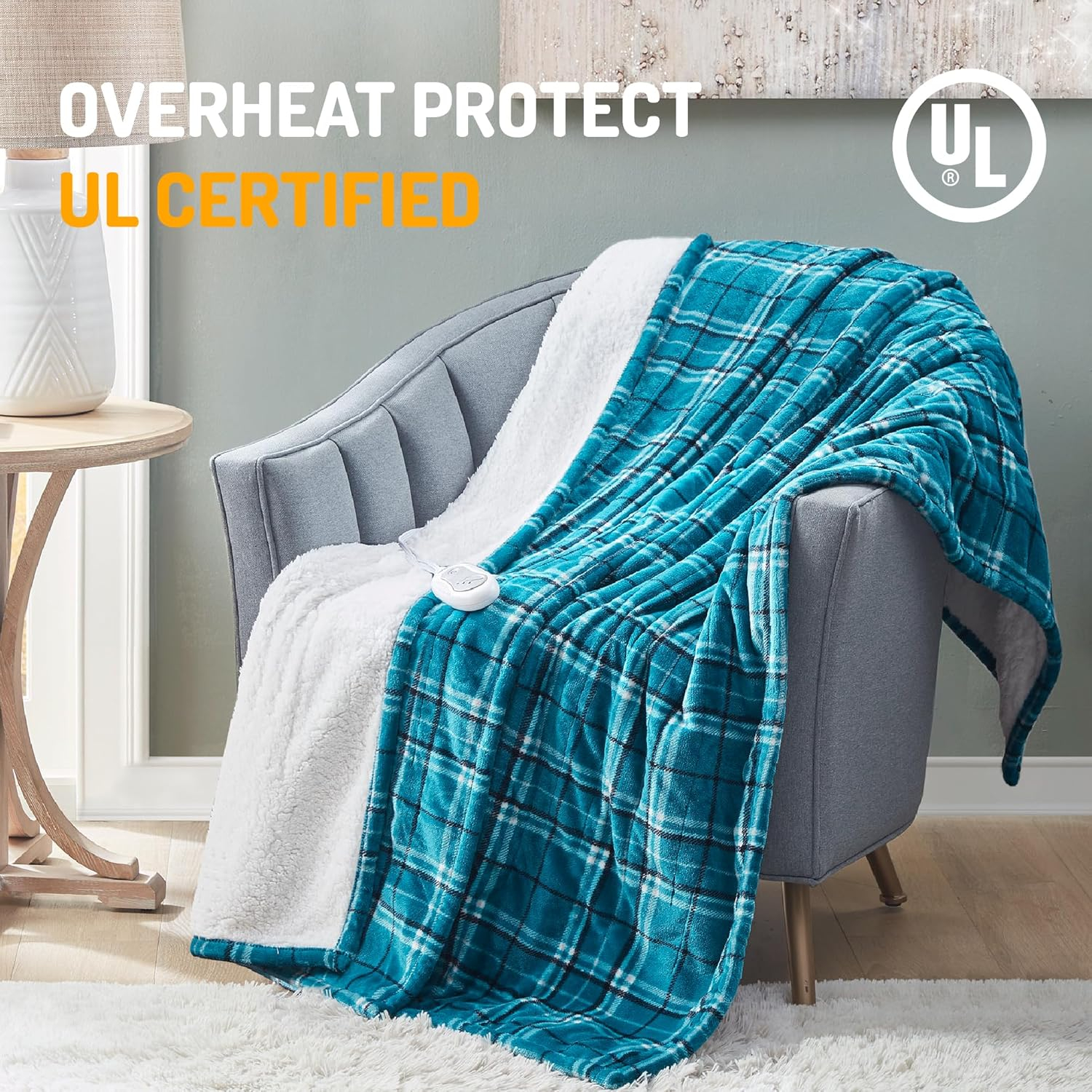 Degrees of Comfort Heated Sherpa Wrap Shawl, Cozy Winter Electric Blanket Throw, for Grandma Mom Women, Washable, Auto Shut-Off, Reversible 50 x 64 Inch, Blue Plaid