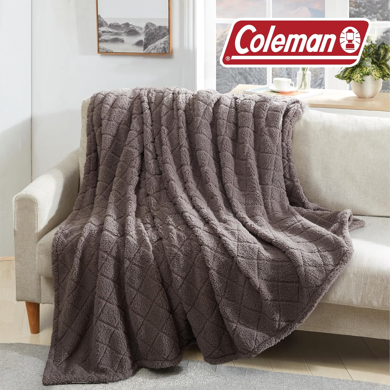 Cathay Home Coleman Oversize Diamond Quilted Teddy Sherpa Fleece Throw Blanket/Bedspread - Home, Sofa, Couch, Outdoor, Travel, Stadium, Sports, Camping, Hiking - Charcoal Brown, Full/Queen (90"x90")