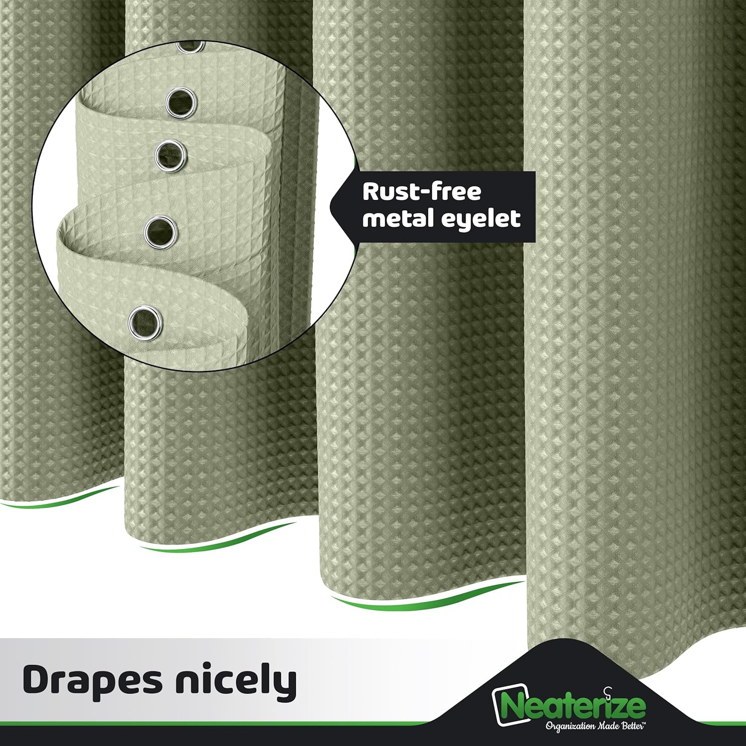 NEATERIZE Shower Curtain Sage Green - Hotel Style Sage Green Shower Curtains for Bathroom with Waffle Design, 72x72 Inches - Fabric Shower Curtain - Cortinas de Baño Elegantes
