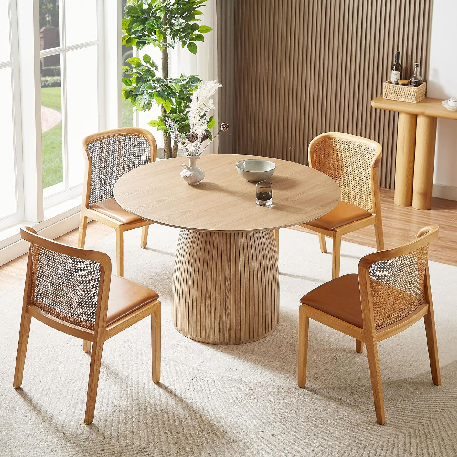 Round Dining Table for 4 to 6, 47.24" Modern Wood Kitchen Table Mid Century Circular Tabletop Curved Base Restaurant Furniture for Dining Room Kitchen Leisure Coffee Table, Oak