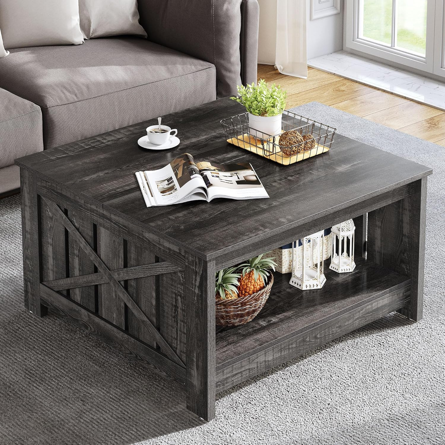 YITAHOME Coffee Tables Farmhouse Coffee Table with Storage Rustic Wood Cocktail Table,Square Coffee Table for Living Meeting Room with Half Open Storage Compartment,Dark Rustic Oak