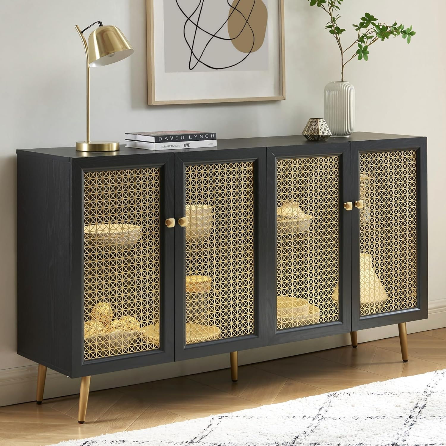 61.7''W Four Door Wood Buffets and Sideboards Storage Cabinet with LED Light Black