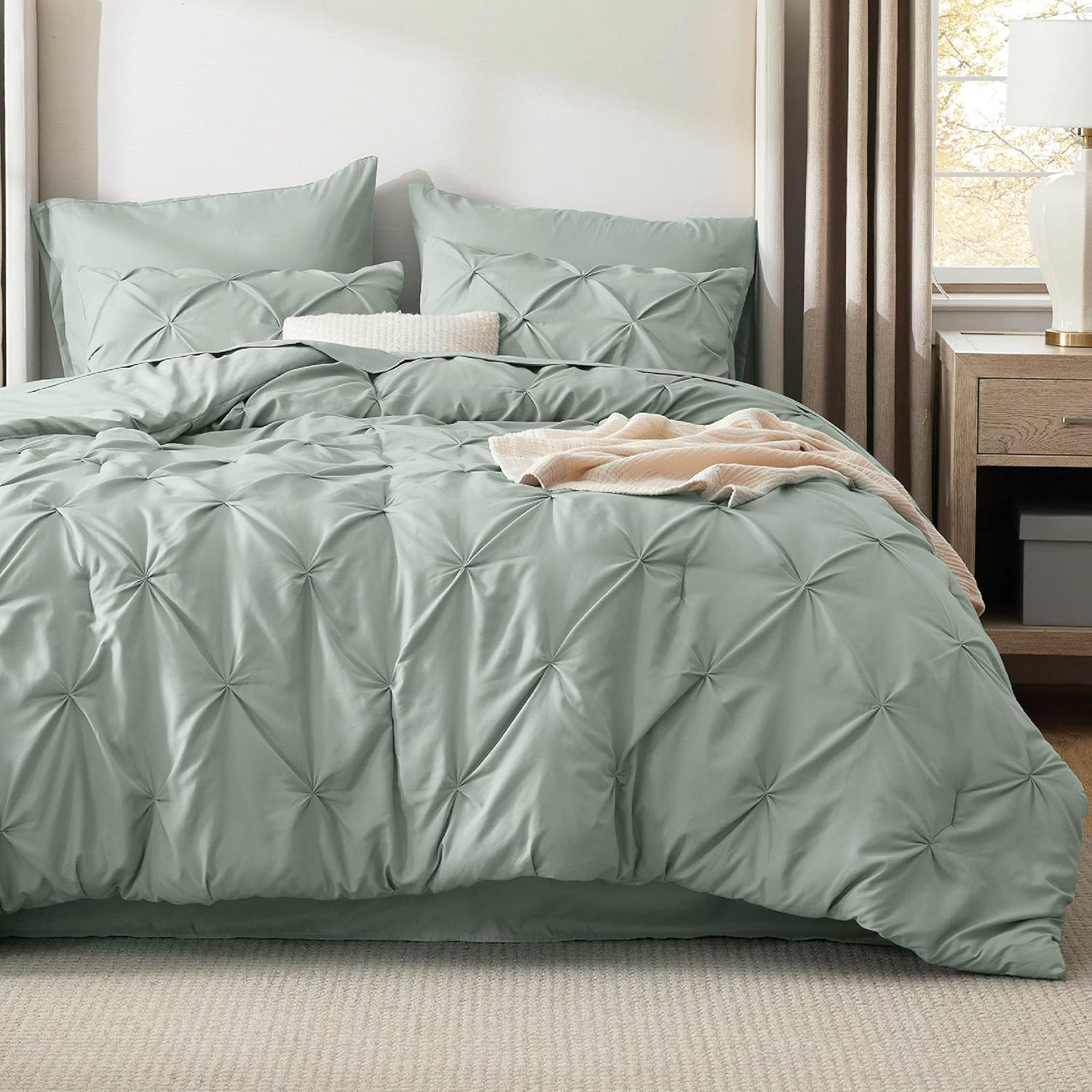 Bedsure Queen Comforter Set Sage Green - Bed in a Bag Queen Size 7 Pieces, GentleSoft™ Pintuck Bed Set Gift for Family, Pinch Pleat Sage Green Comforter with Sheets, Pillowcases & Shams