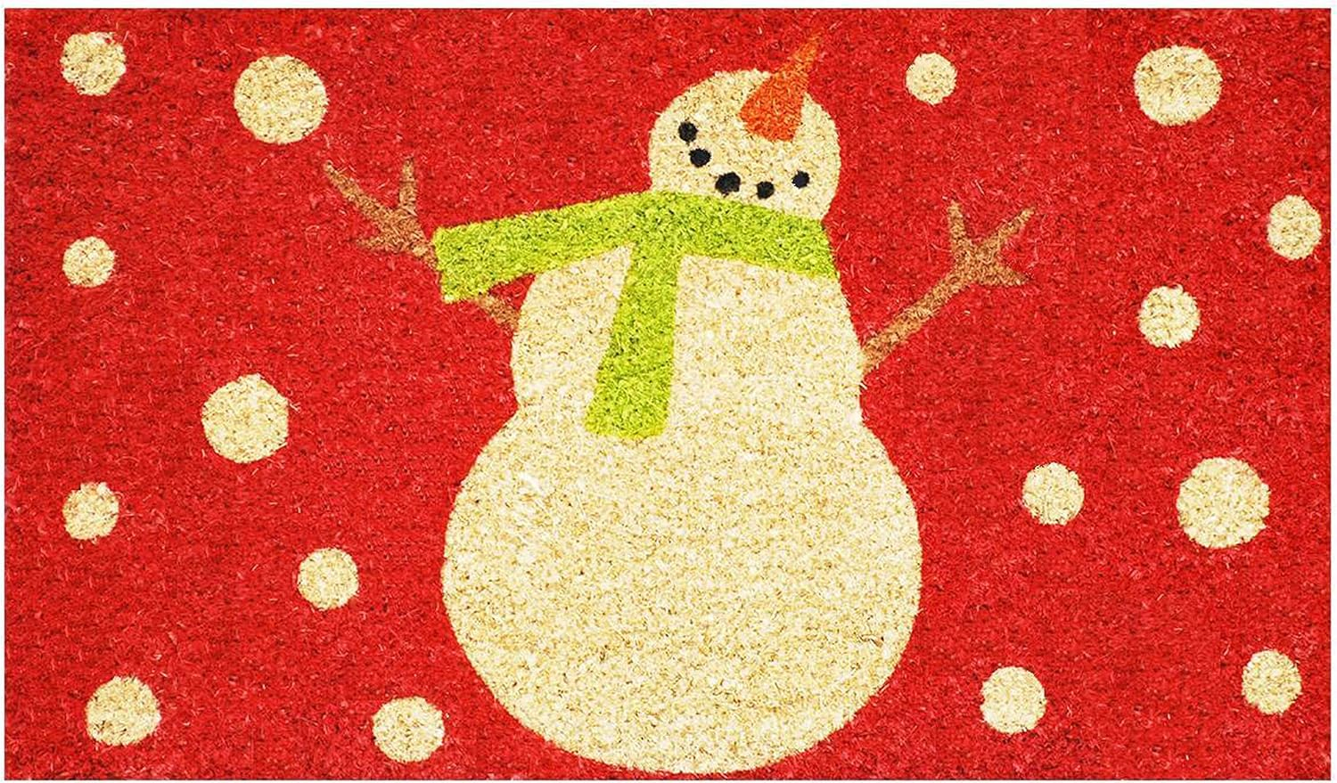 Festive Red and Green Coir Snowman Outdoor Christmas Doormat