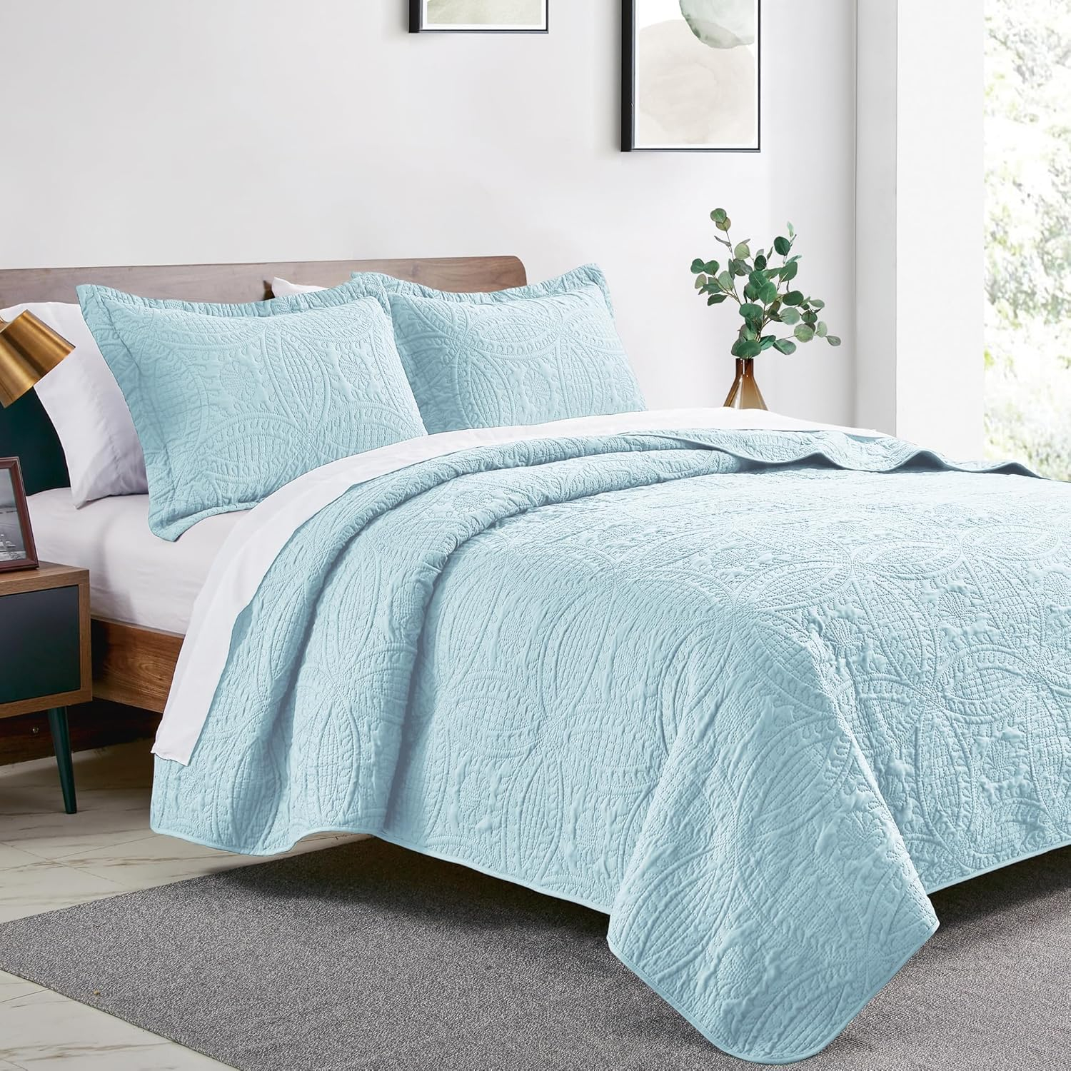 Love's cabin Quilts for Queen Bed Spa-Blue Bedspreads - Soft Bed Summer Lightweight Bedspread Comforter - Modern Style Coin Pattern Coverlet for All Season - 3 Pieces (1 Quilt, 2 Pillow Shams)