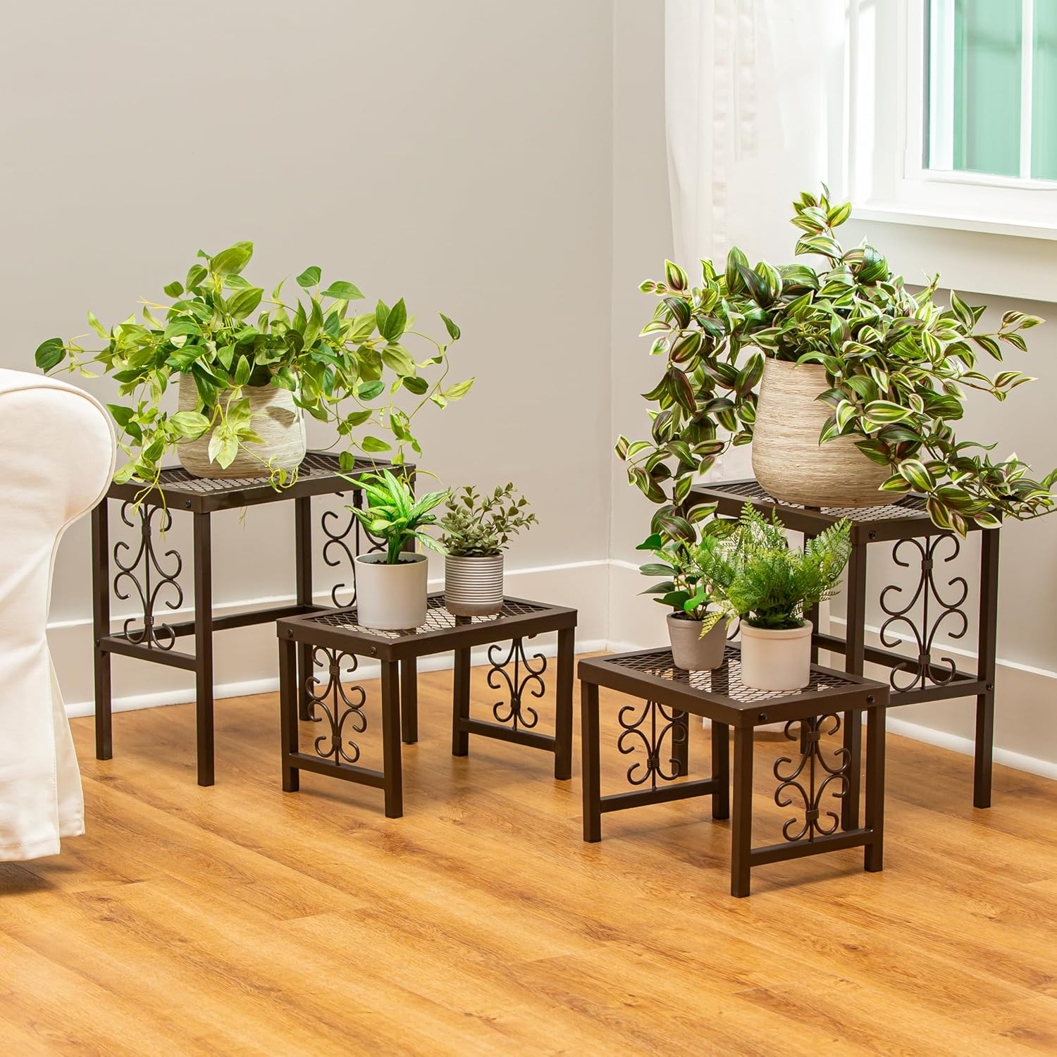 Evergreen Garden Nesting Plant Stands Indoor/Outdoor, Metal Plant Stand for Patio, Porch, Garden, Corner Plant Stands for Indoor Plants (Montebello, Set of 4)