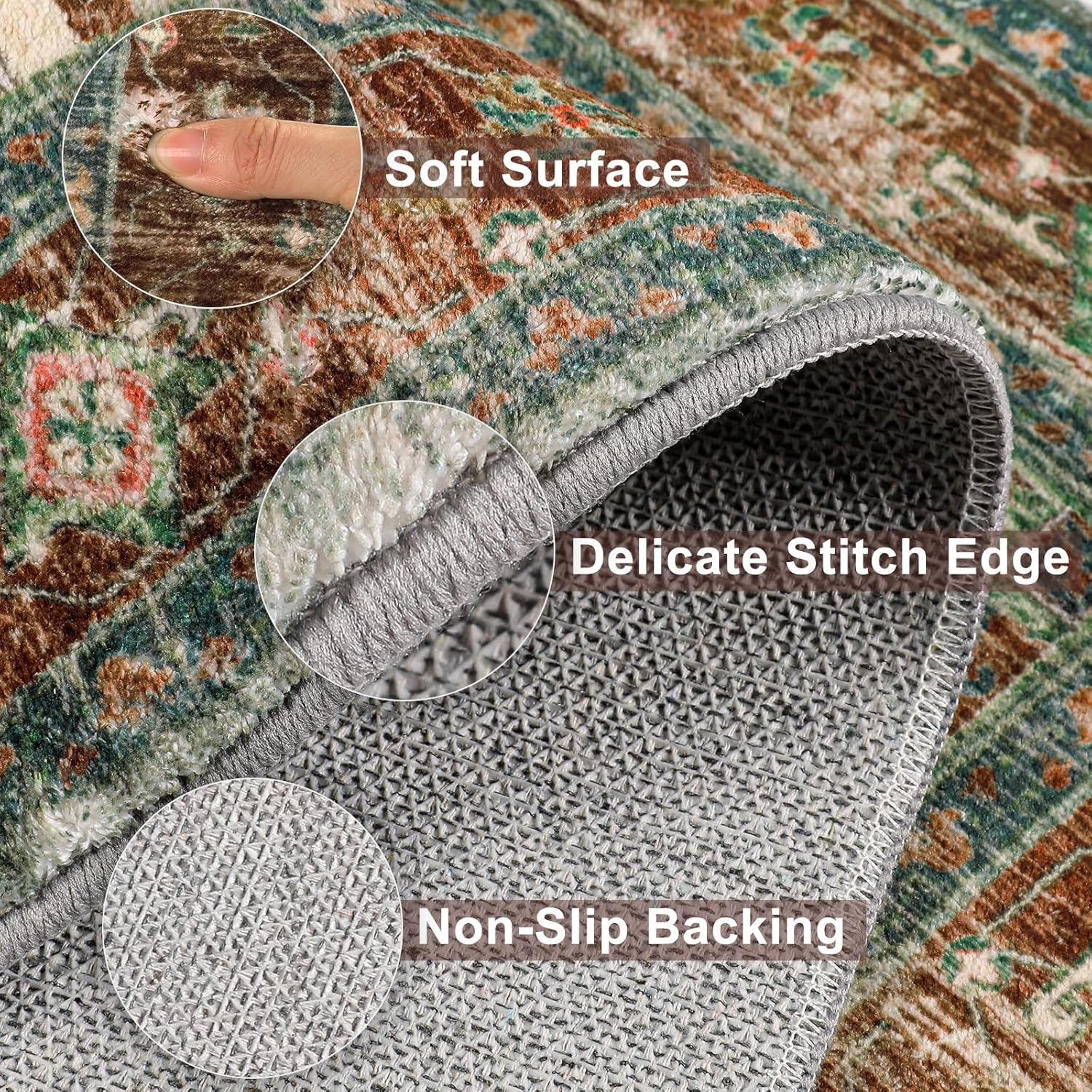 Washable Runner Rug, 2'3" x 14' Non-Slip Boho Vintage Hallway Rug Runner with Rubber Backing, Stain Resistant & Low Pile Faux Wool Distressed Carpet Runner for Bedroom, Kitchen, Laundry, Entrance