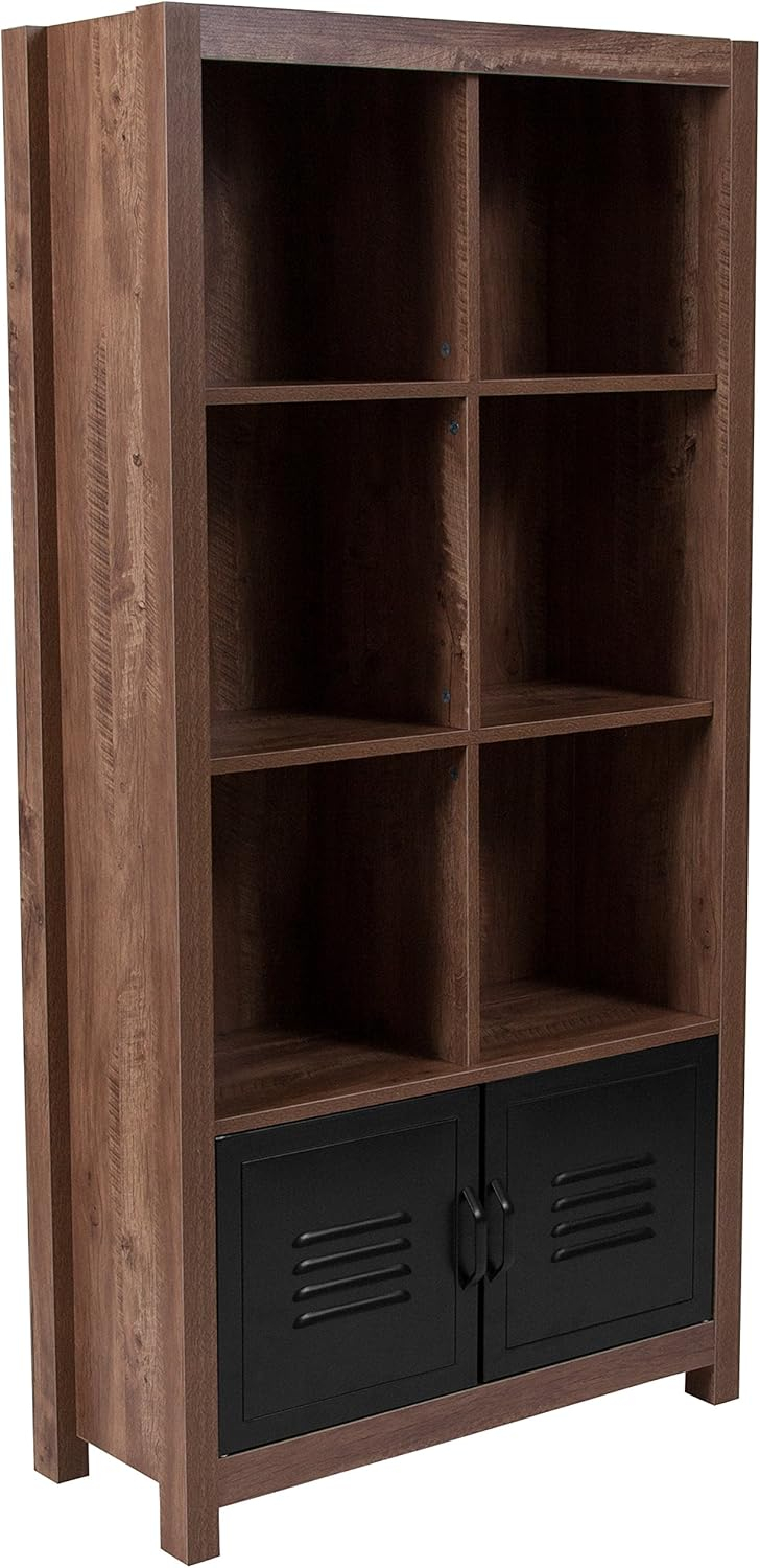 Black Metal and Oak 6-Cubby Storage Bookcase with Doors