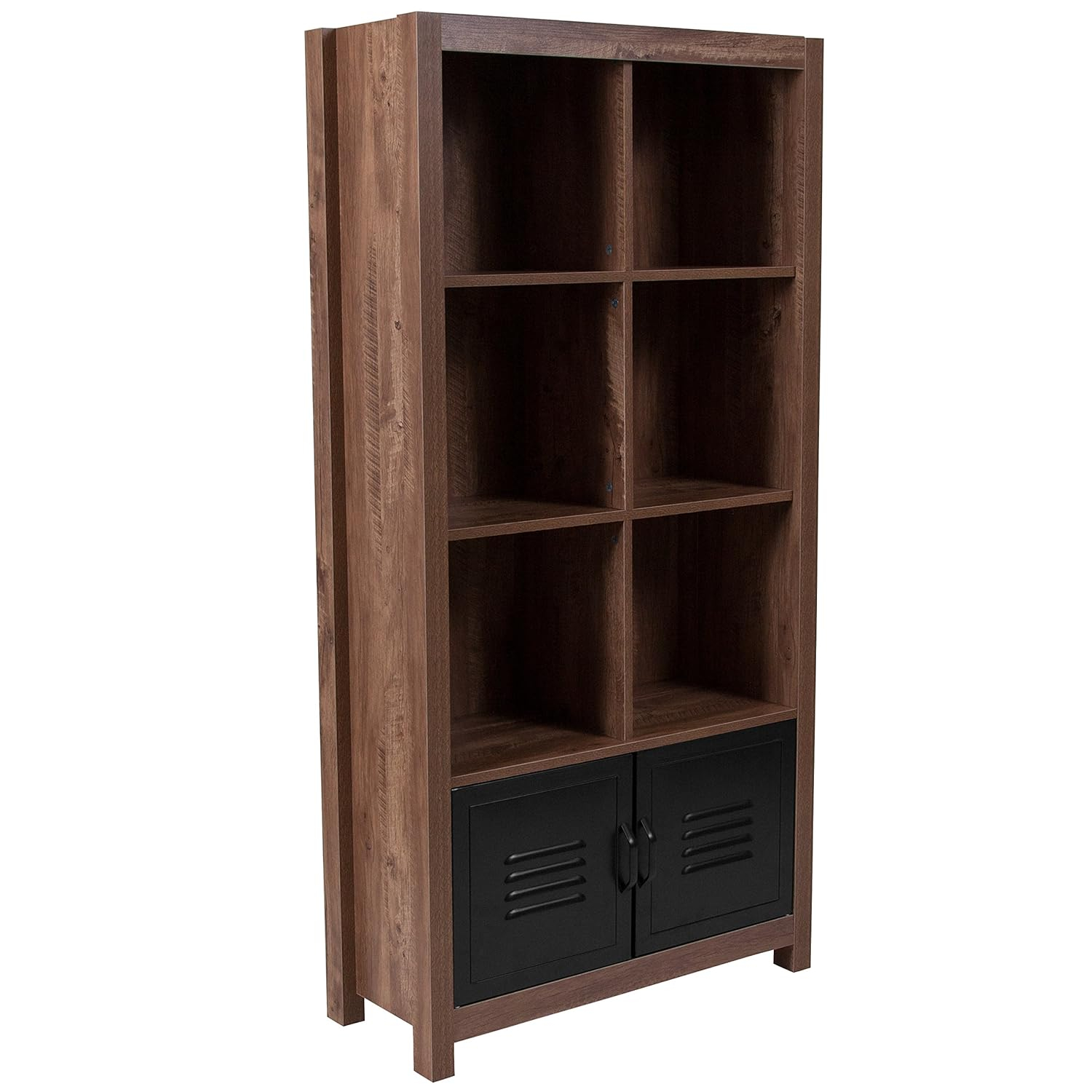 Black Metal and Oak 6-Cubby Storage Bookcase with Doors