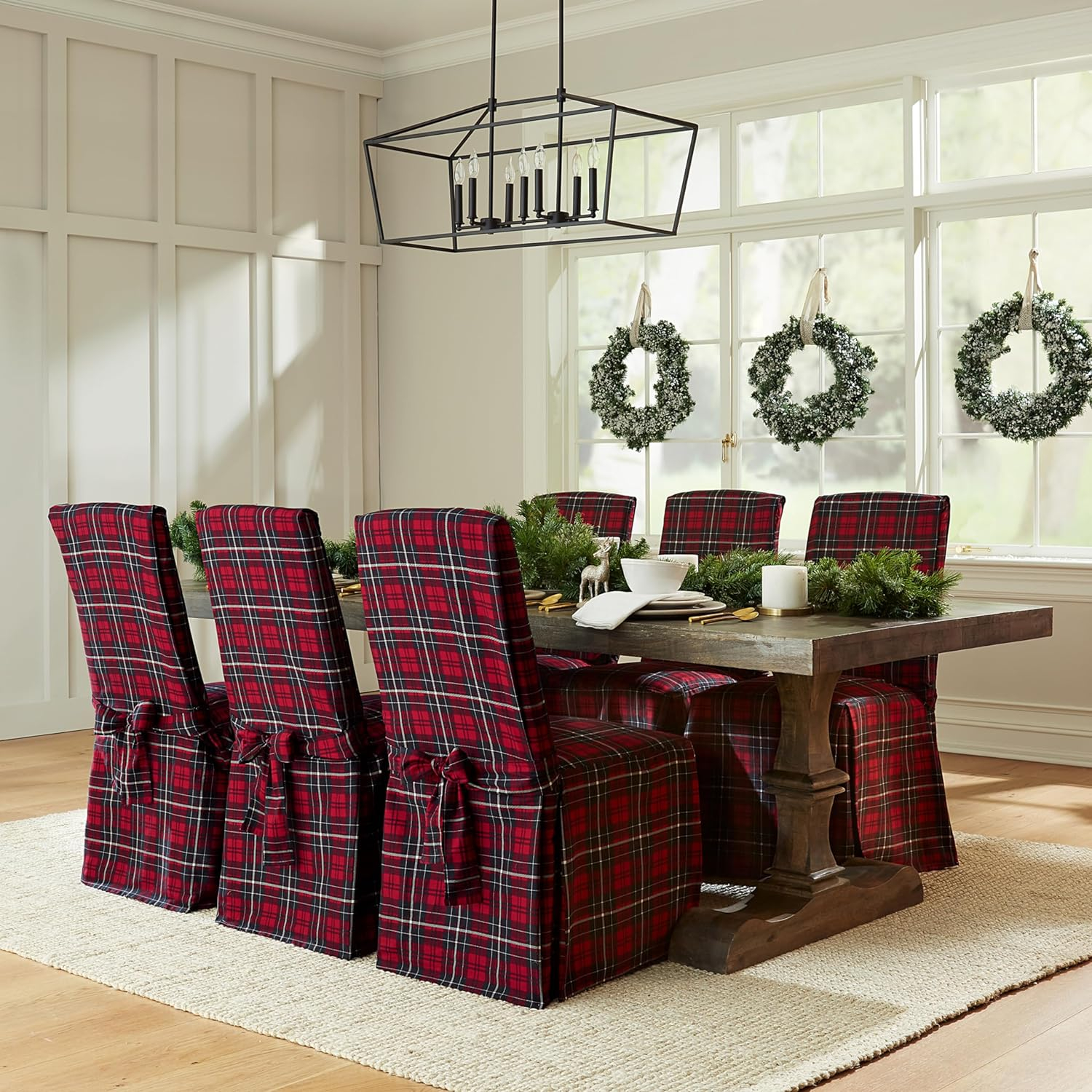 Red Plaid Cotton Canvas Long Dining Chair Slipcovers, Set of 2