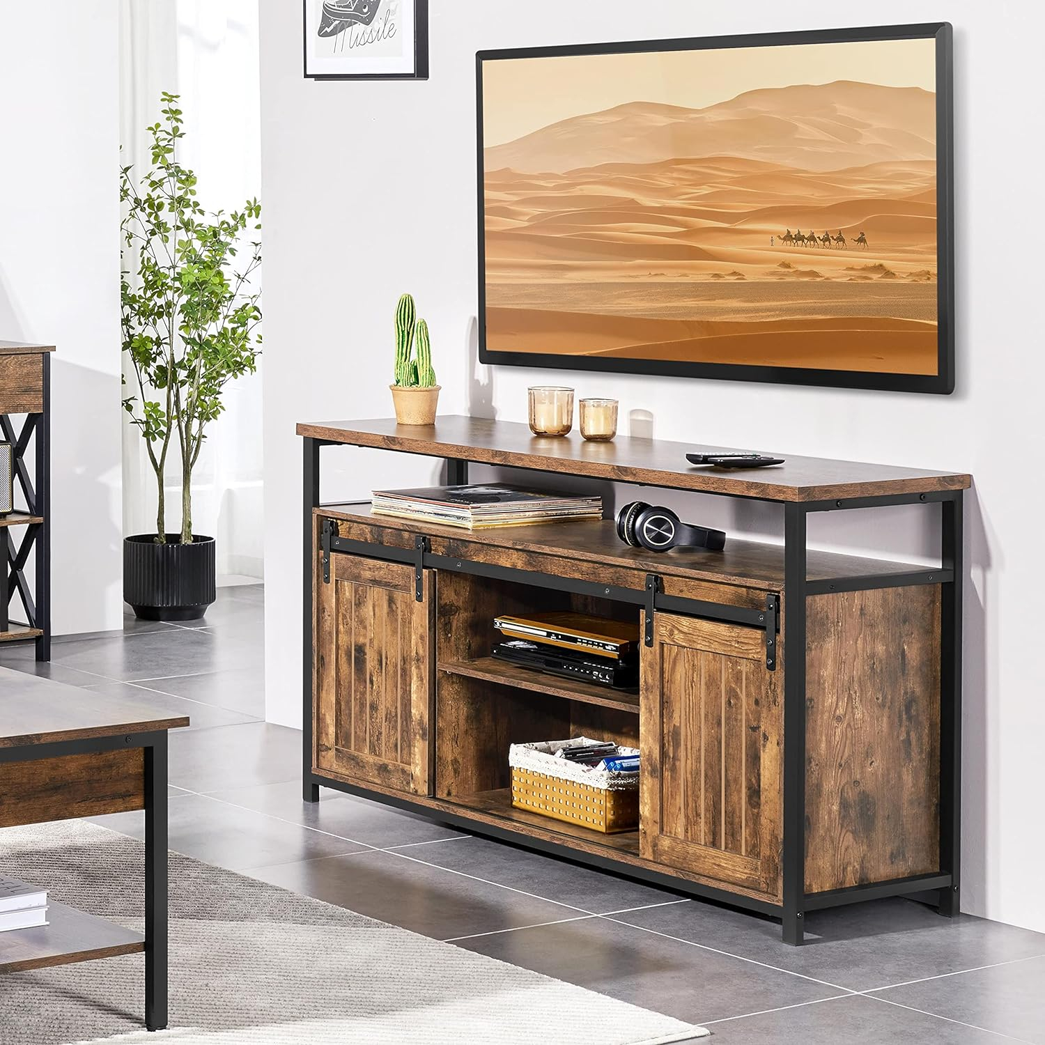 Alden Design Industrial Wooden Television Stand with Sliding Barn Doors for TVs up to 65in, Rustic Brown