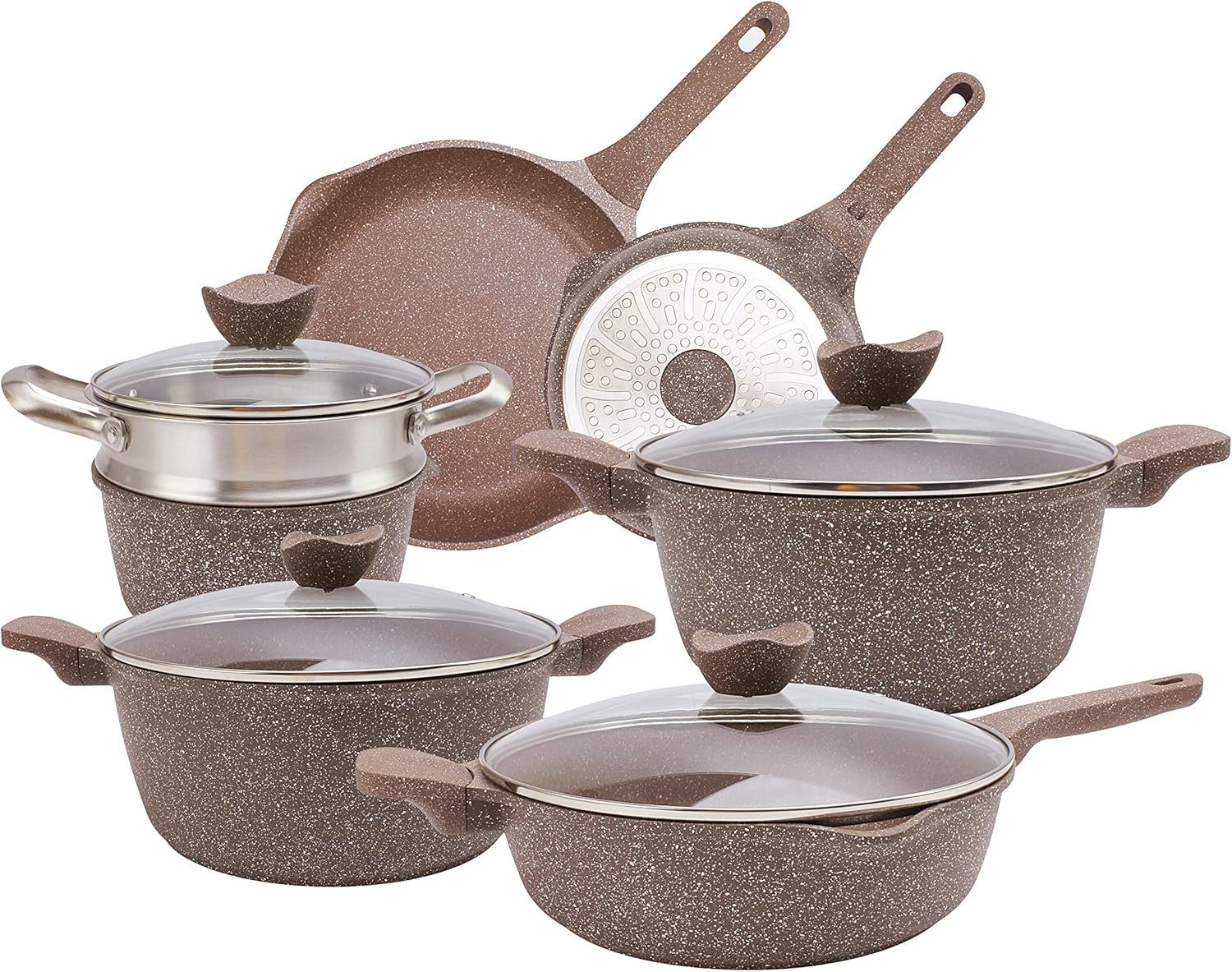 Country Kitchen Non-Stick Cast Aluminum Cookware Set - Durable Kitchen Cookware for Everyday Cooking, Chocolate Brown, 6 Pc.