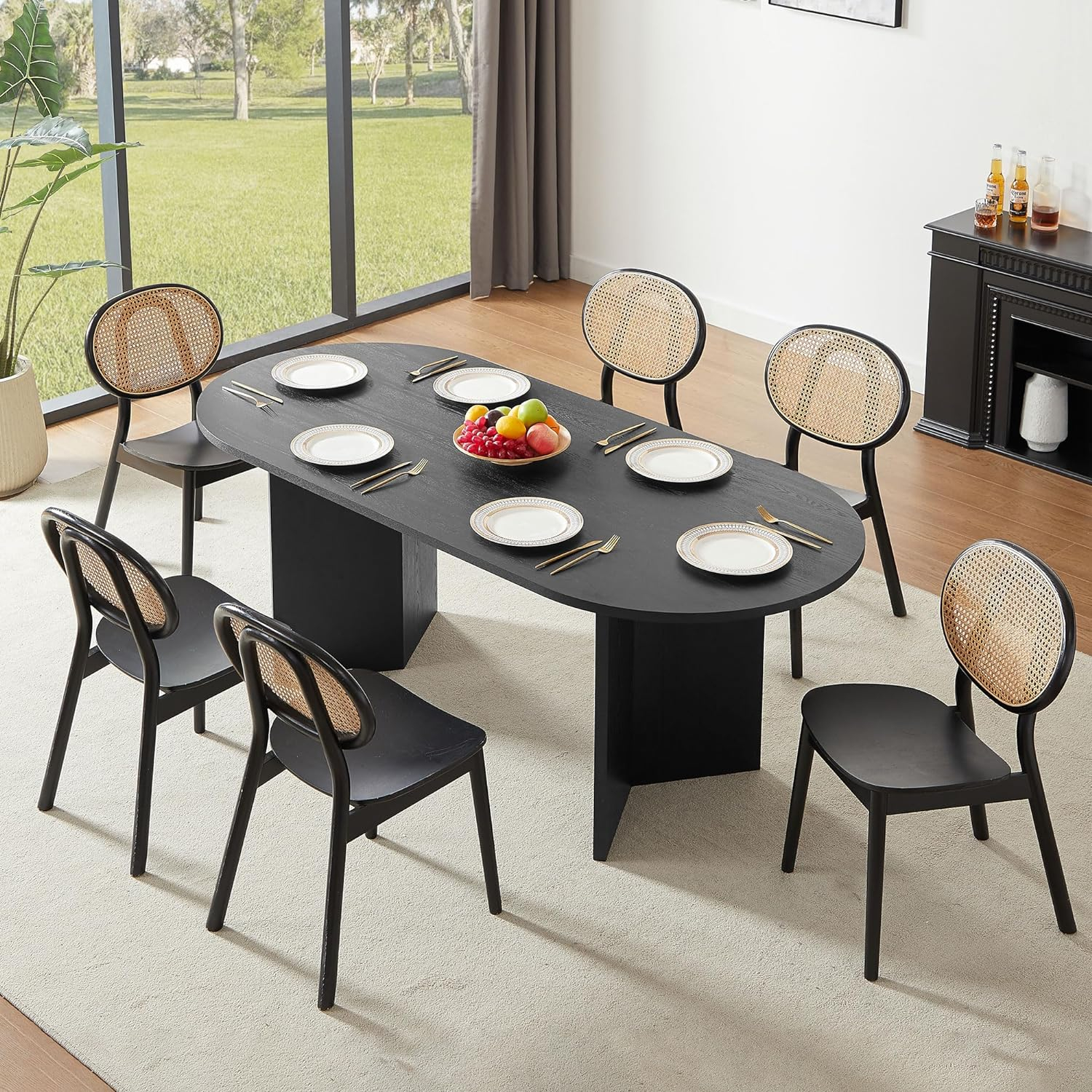 78" Black Oval Dining Table for 6 8 Person Wooden Kitchen Table Wood Dining Room Table Curved Meeting Tables Oval Conference Table with Wood Butterfly Base for Office