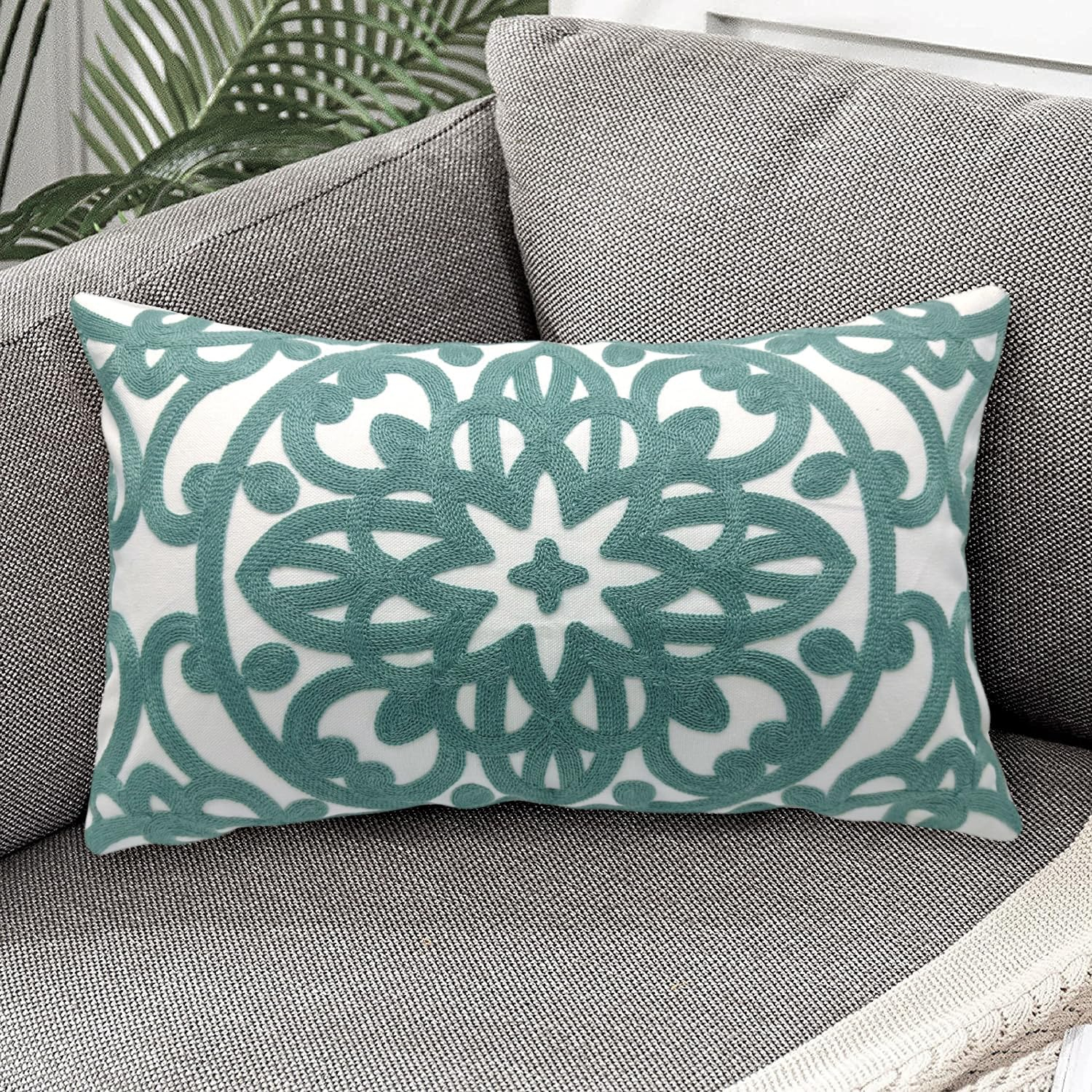 Alysheer Embroidered Lumbar Decorative Throw Pillow Cover 12"x 20", Classic Boho Mandala Embroidery Pattern Cotton Farmhouse Rectangular Cushion Case for Sofa Couch Living Room Bedroom(Dusty Blue)