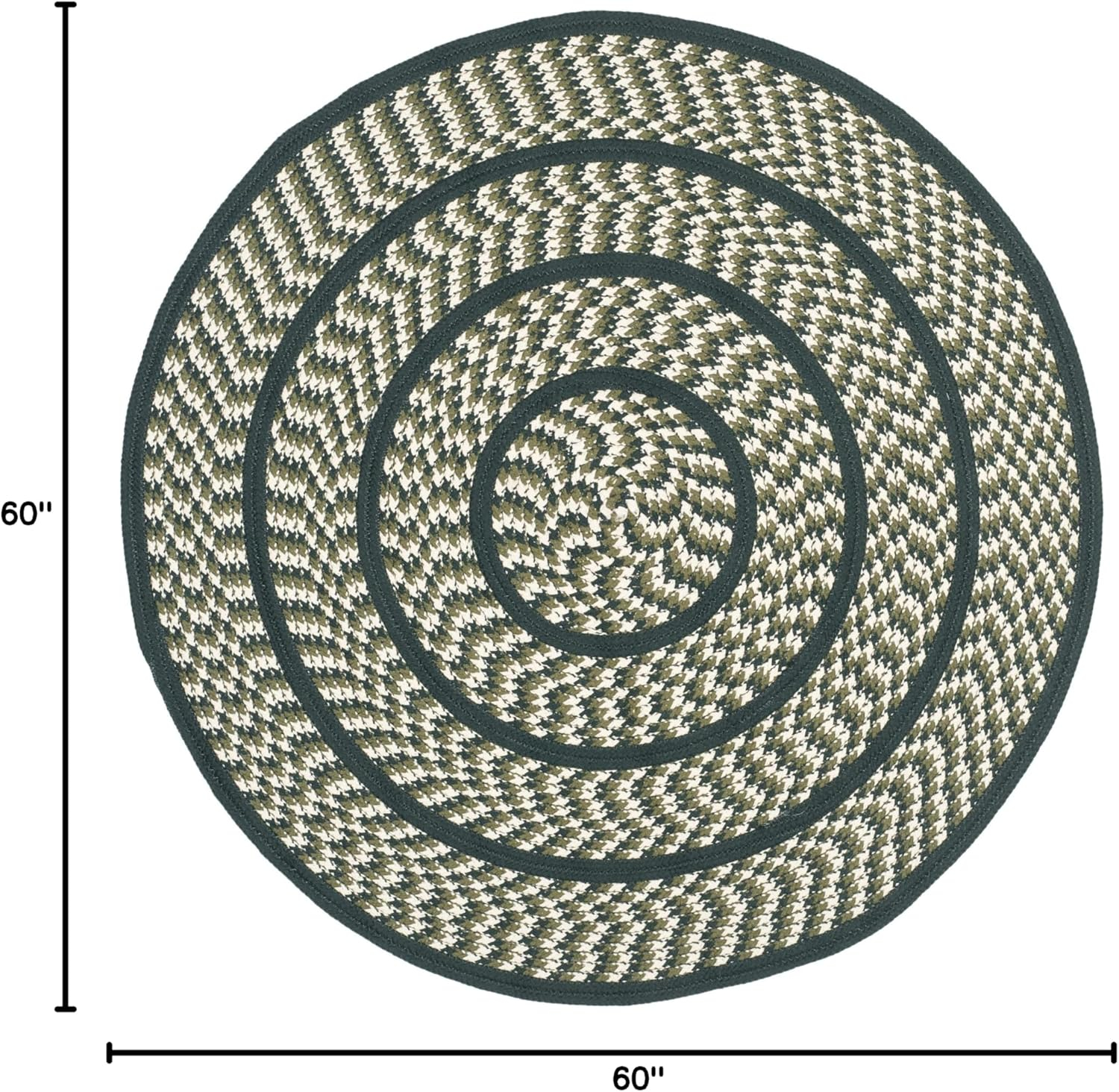 Ivory and Dark Green Braided 59'' Round Synthetic Area Rug