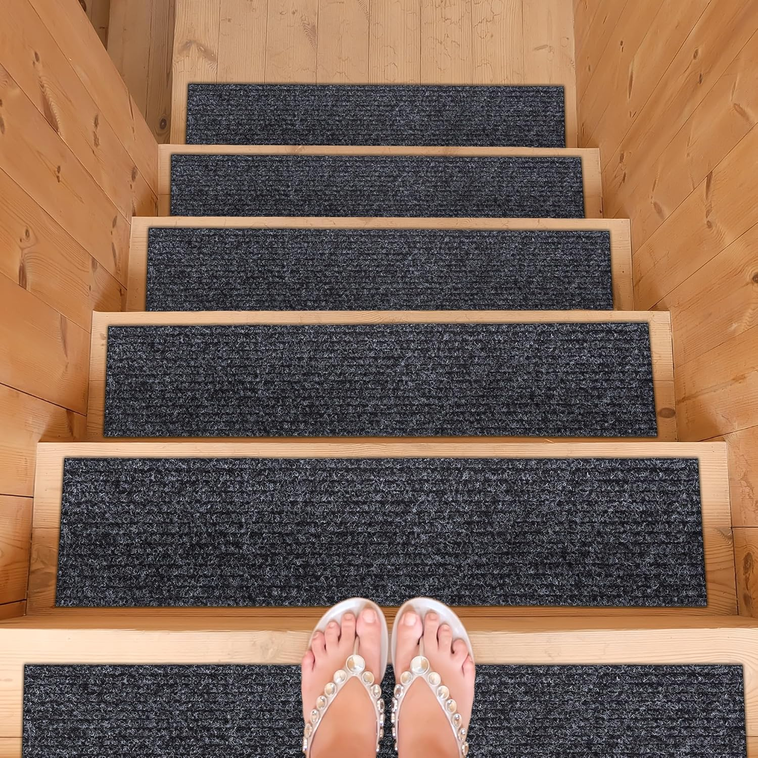 Ottomanson Non-Slip Rubberback Solid Design 8" x 30" Indoor/Outdoor Stair Treads, 7 Pack, Black