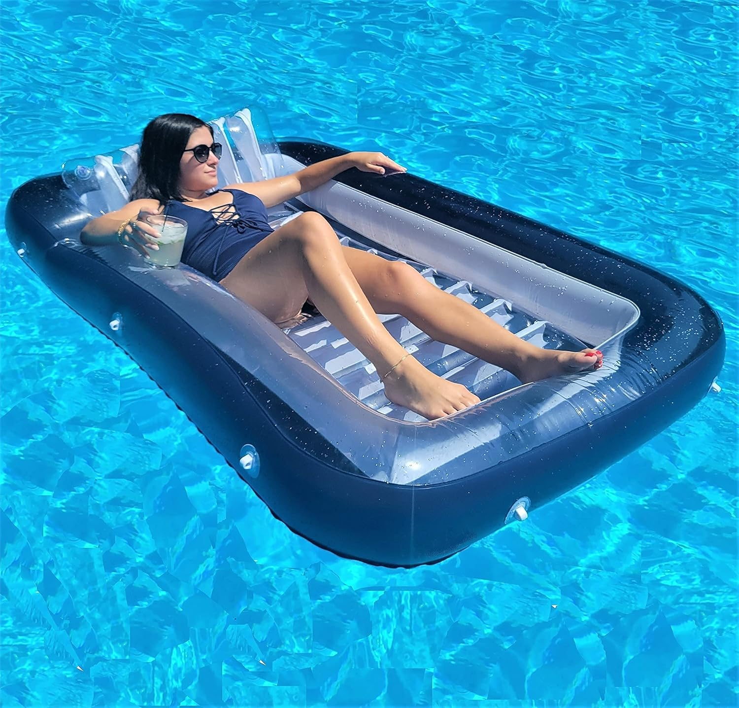 Galvanox Inflatable Tanning Pool Lounger with Pillow | Large Blow Up Floating Bed Raft 70"x49" (Navy Blue)