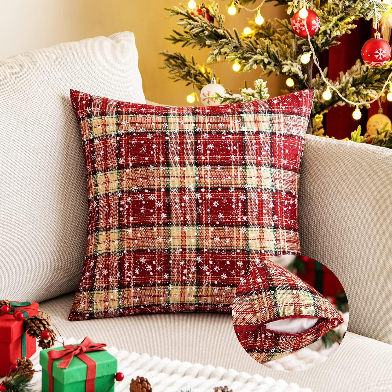 Red and Beige Tartan Plaid Snowflake 18" Polyester Euro Pillow Covers